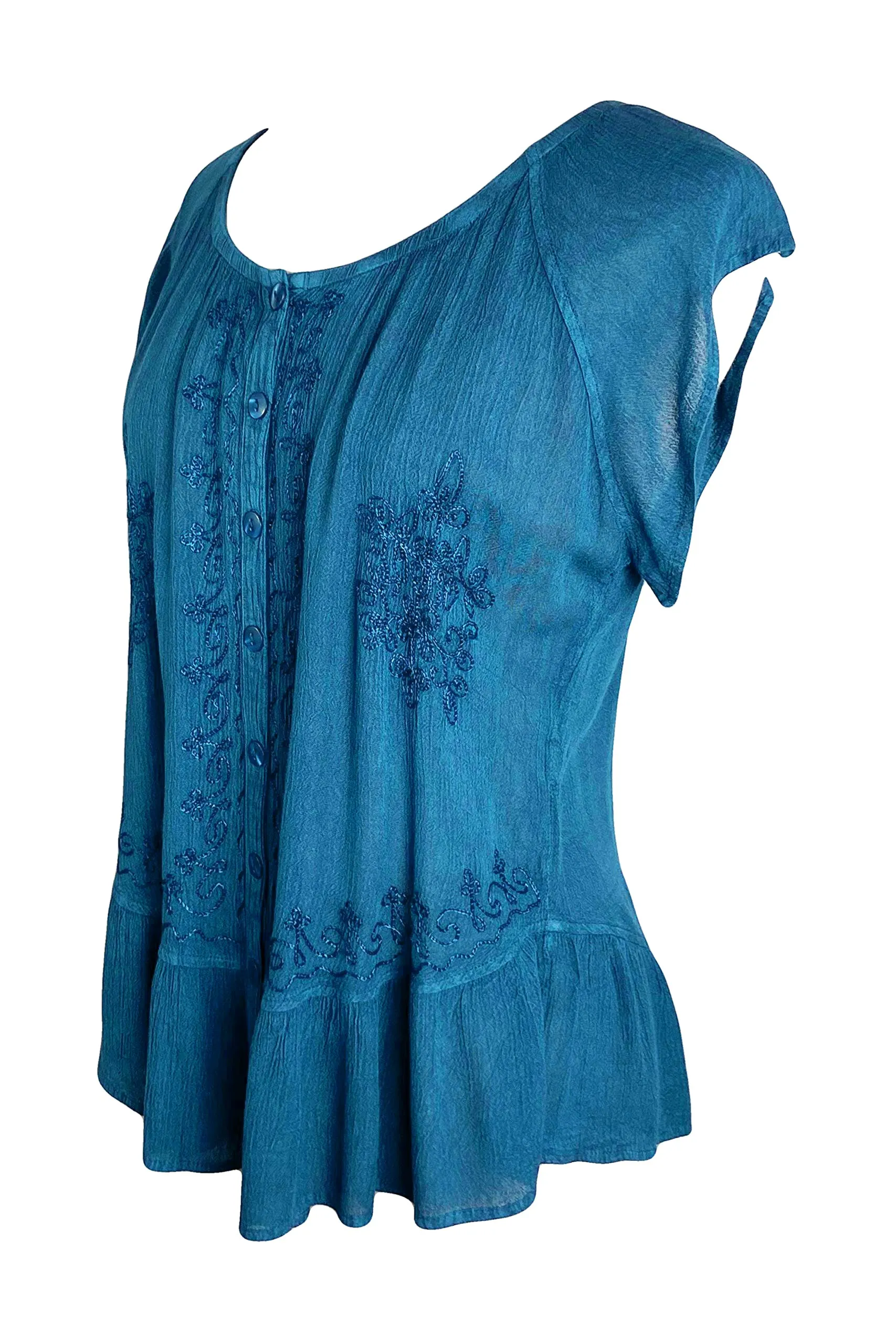 27 713 B Medieval  Embroidered Button Down Light Weight Cap Sleeve Shirt Blouse