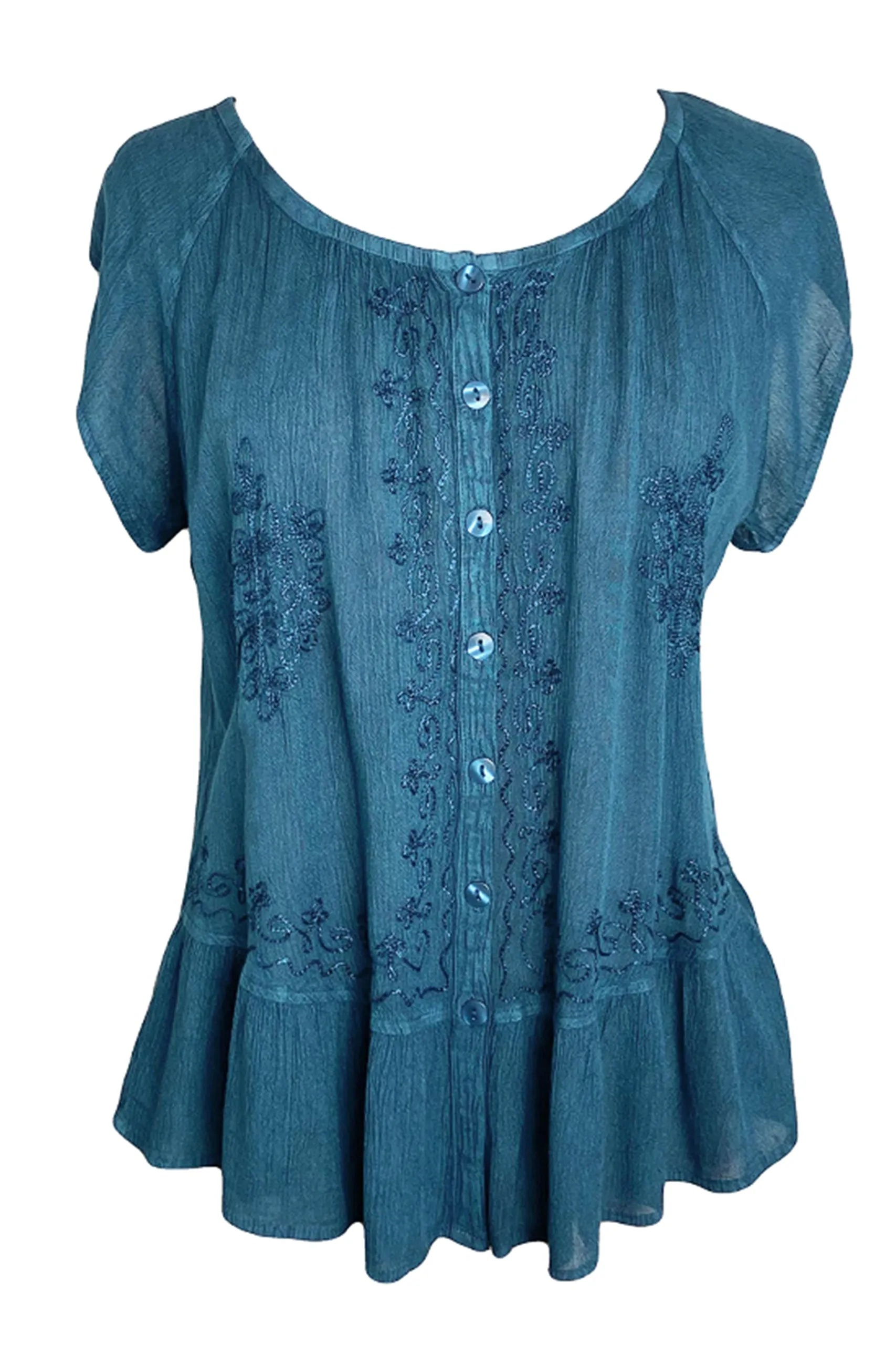 27 713 B Medieval  Embroidered Button Down Light Weight Cap Sleeve Shirt Blouse
