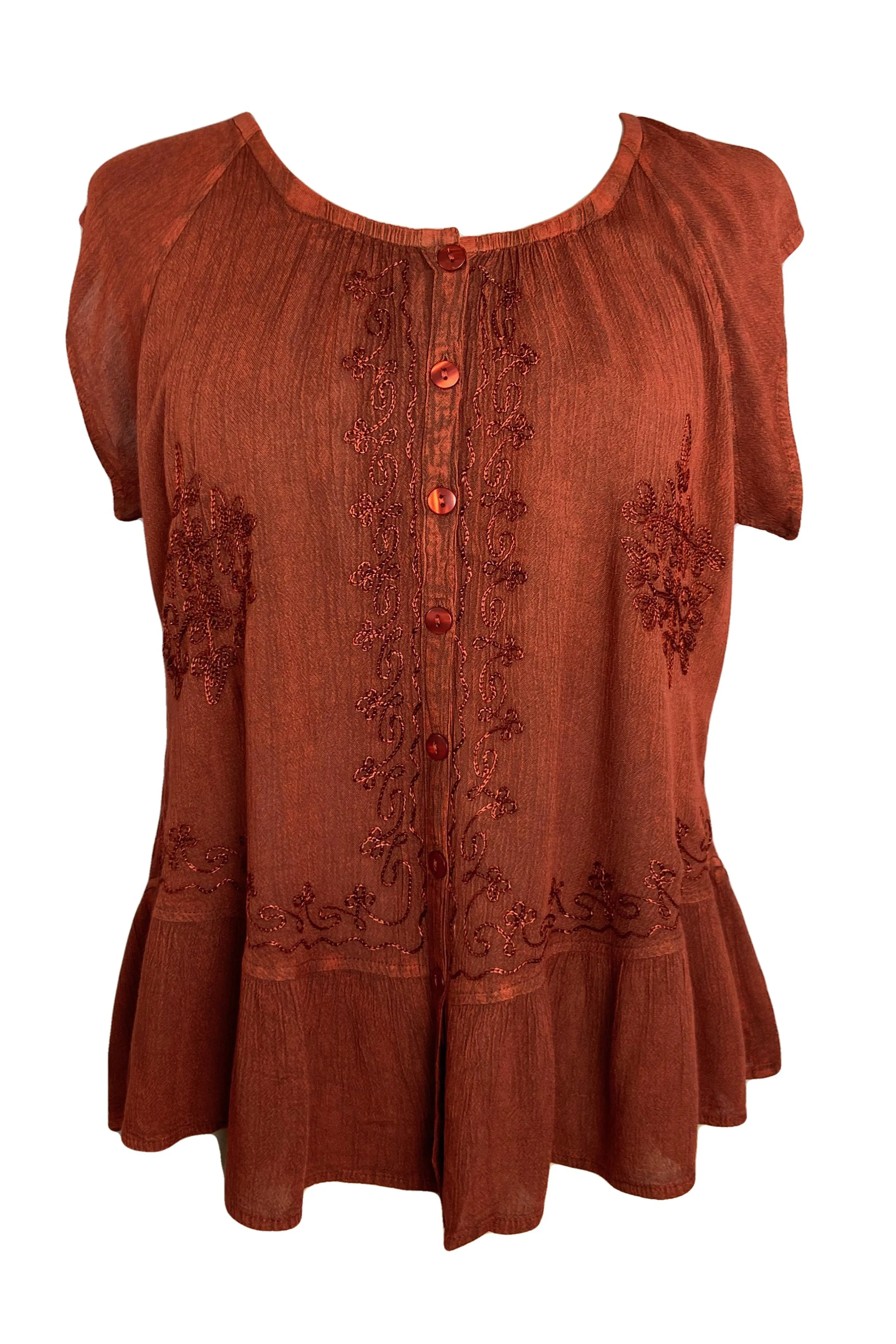 27 713 B Medieval  Embroidered Button Down Light Weight Cap Sleeve Shirt Blouse
