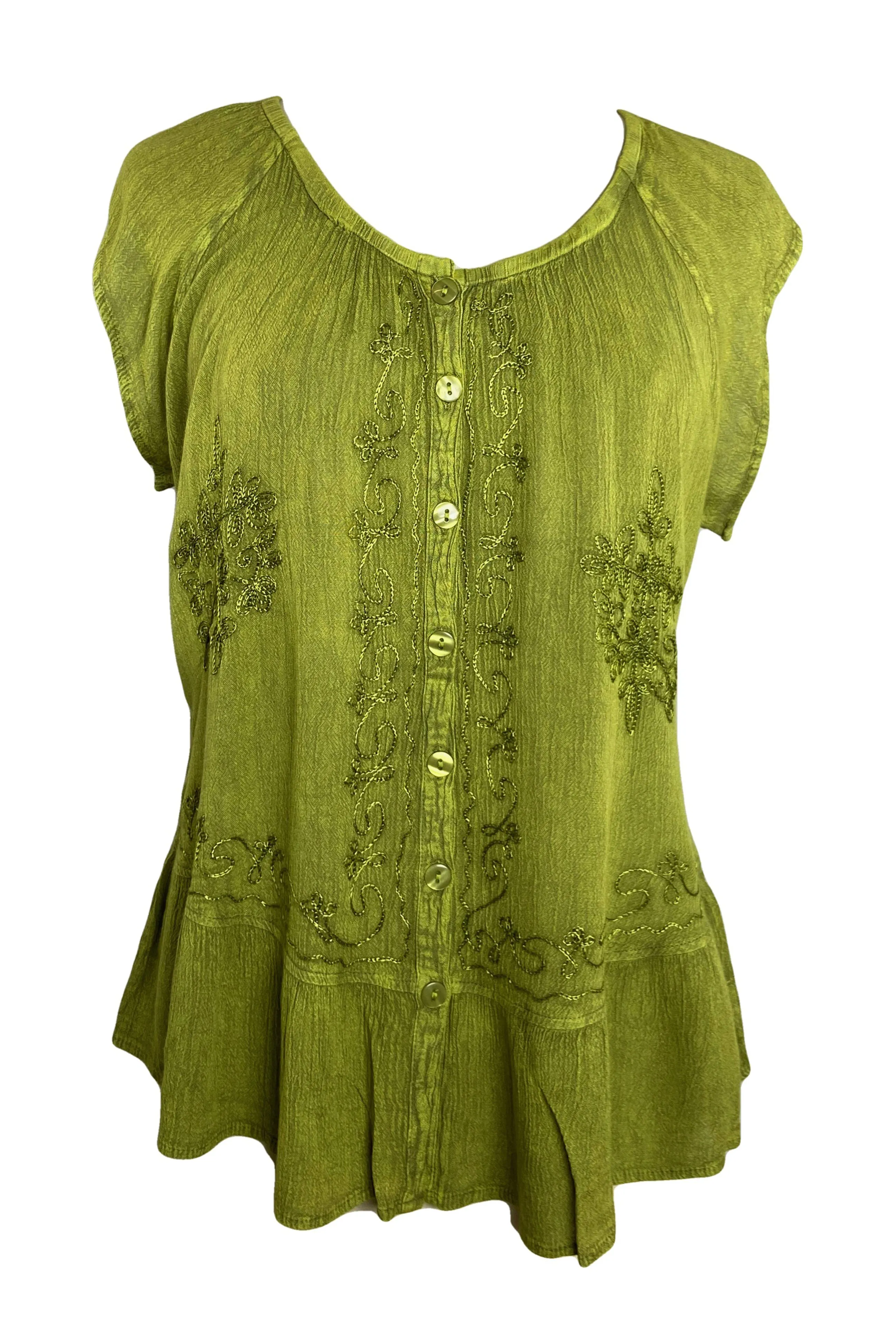 27 713 B Medieval  Embroidered Button Down Light Weight Cap Sleeve Shirt Blouse