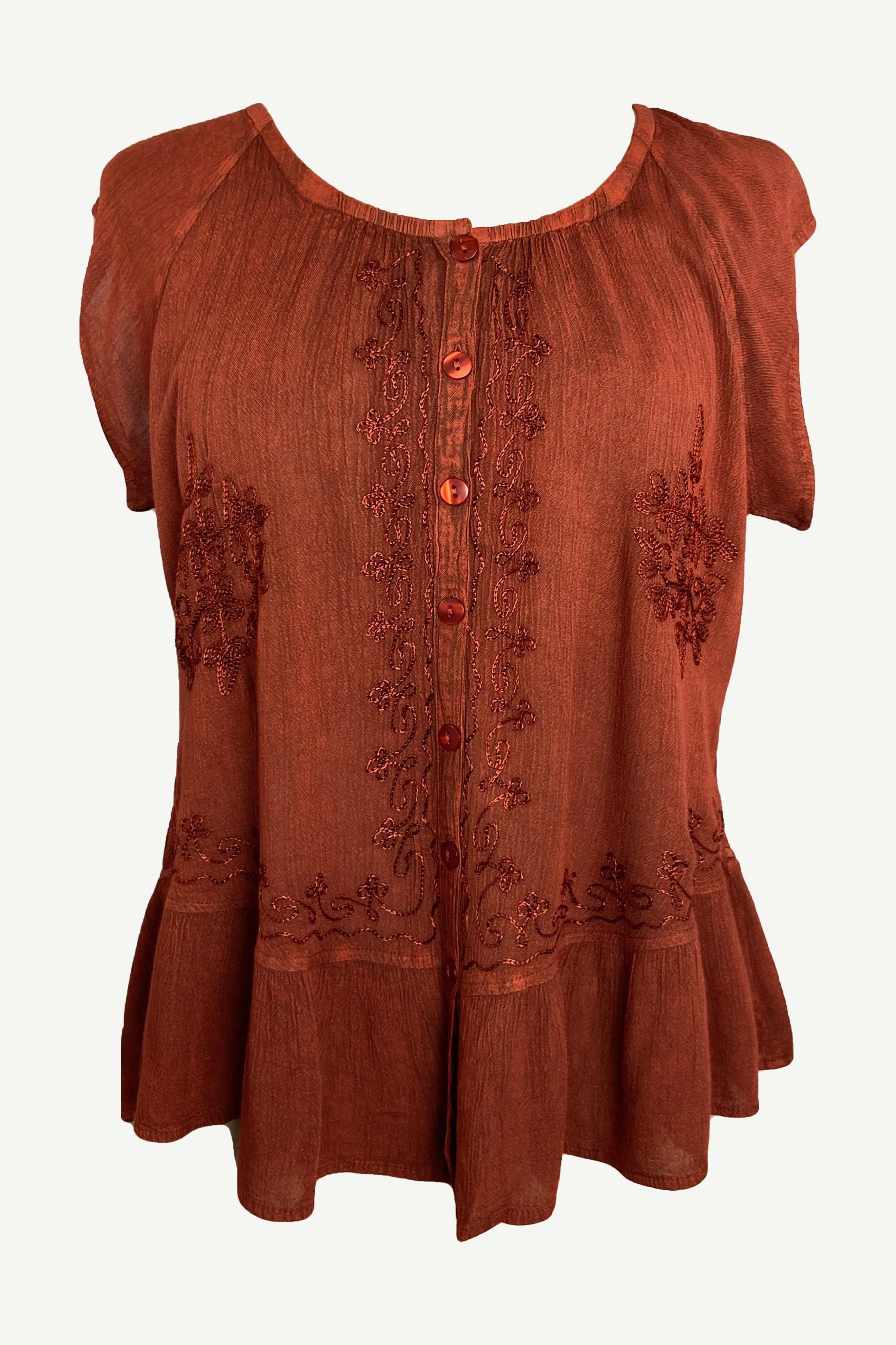27 713 B Medieval  Embroidered Button Down Light Weight Cap Sleeve Shirt Blouse