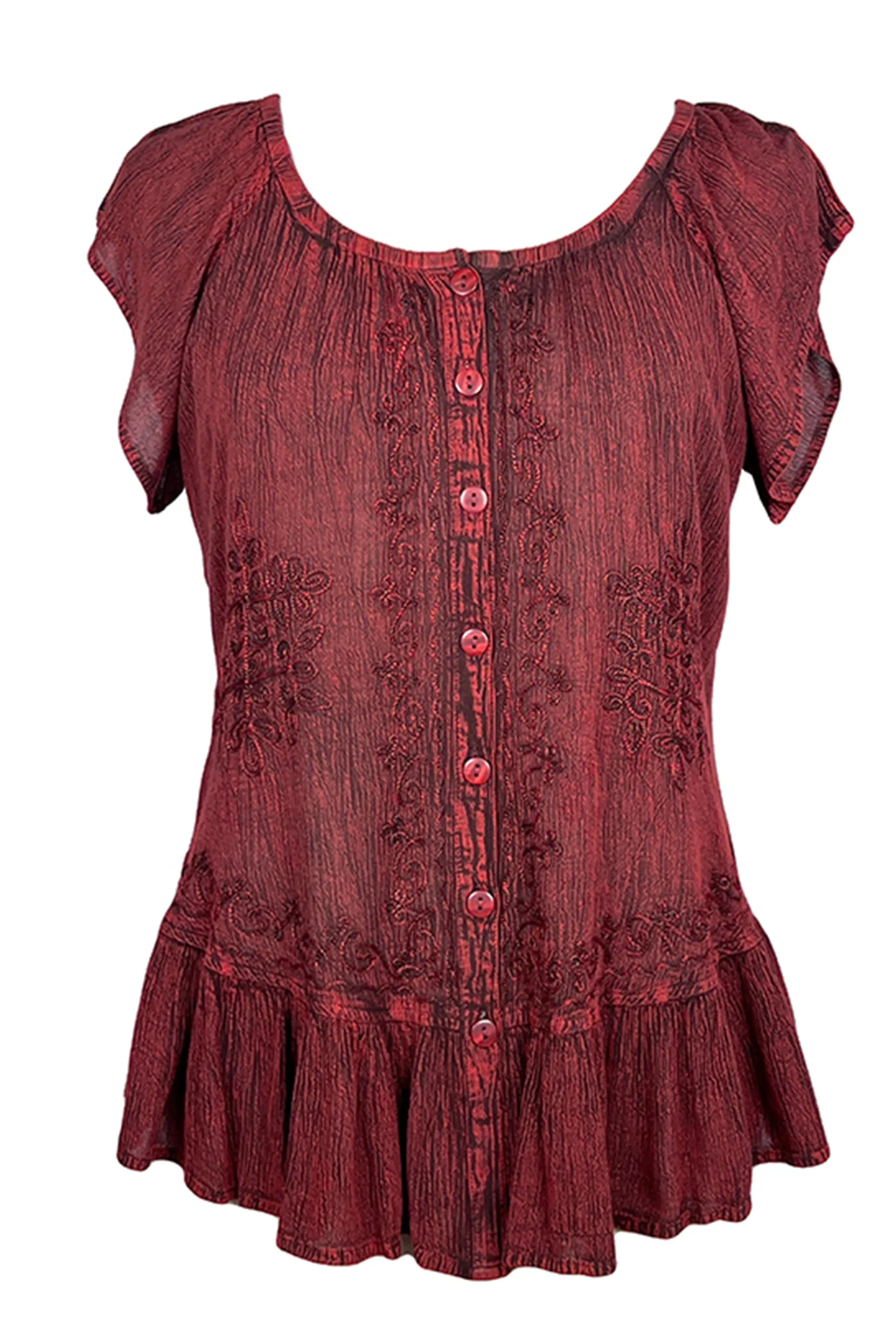 27 713 B Medieval  Embroidered Button Down Light Weight Cap Sleeve Shirt Blouse