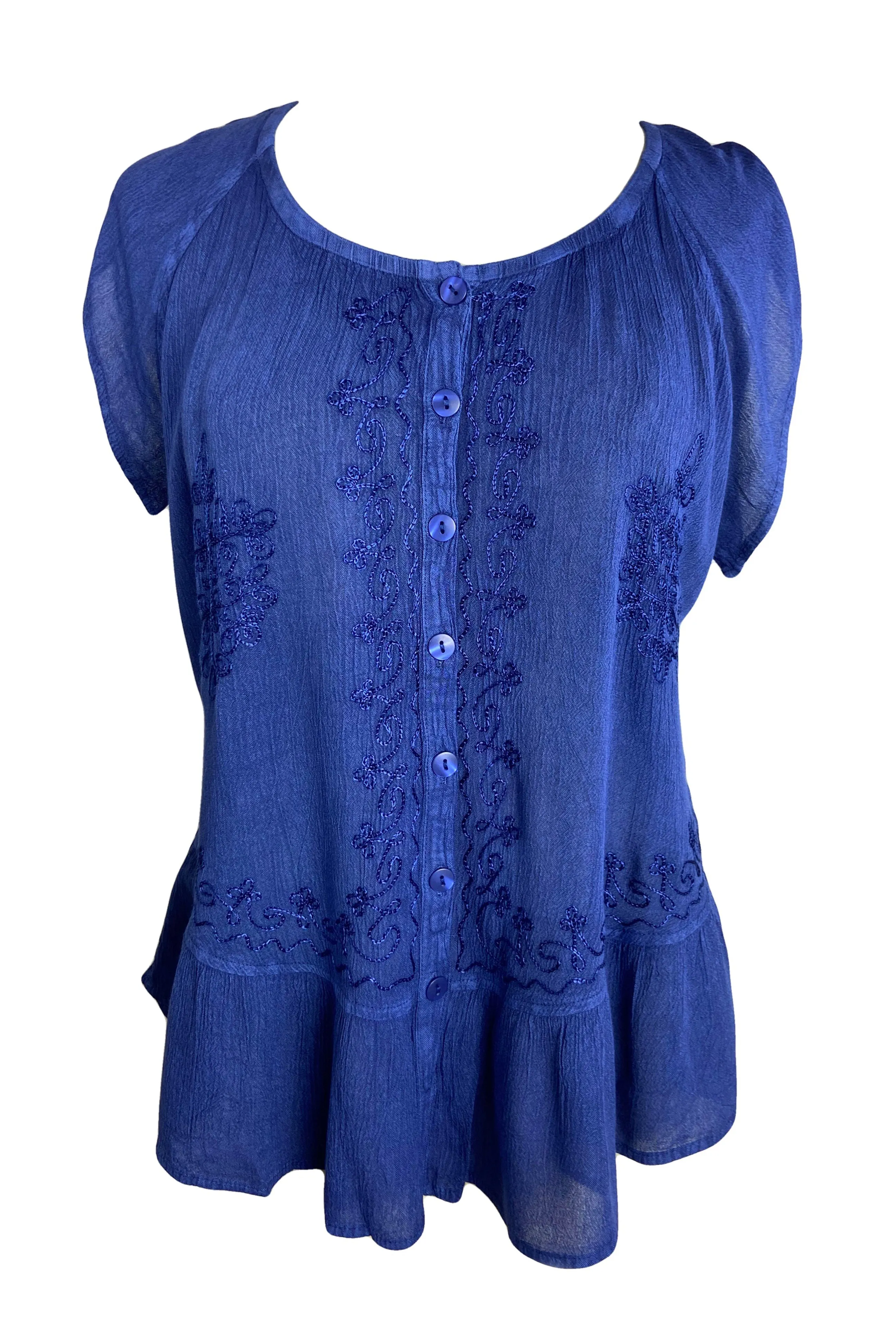 27 713 B Medieval  Embroidered Button Down Light Weight Cap Sleeve Shirt Blouse