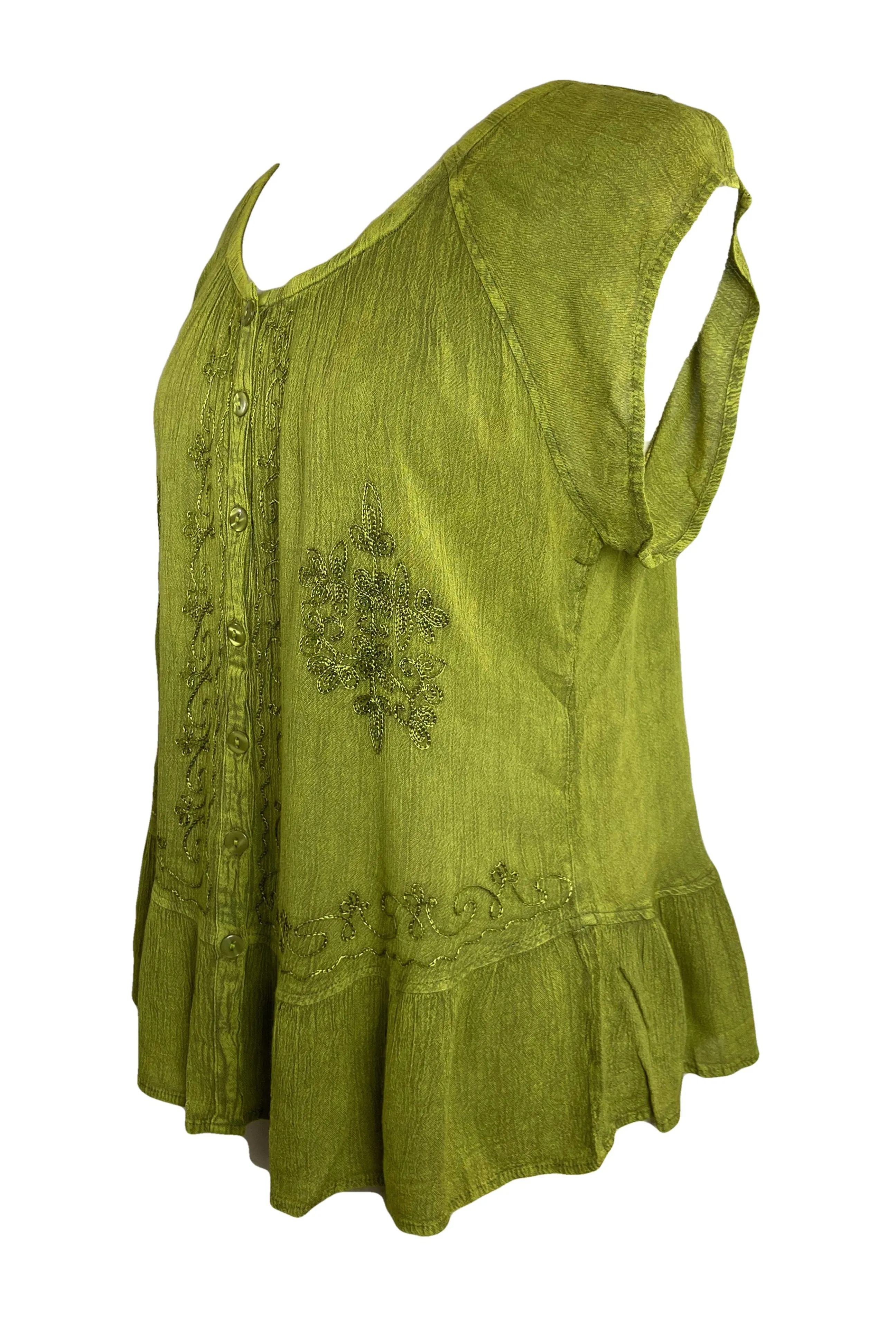 27 713 B Medieval  Embroidered Button Down Light Weight Cap Sleeve Shirt Blouse