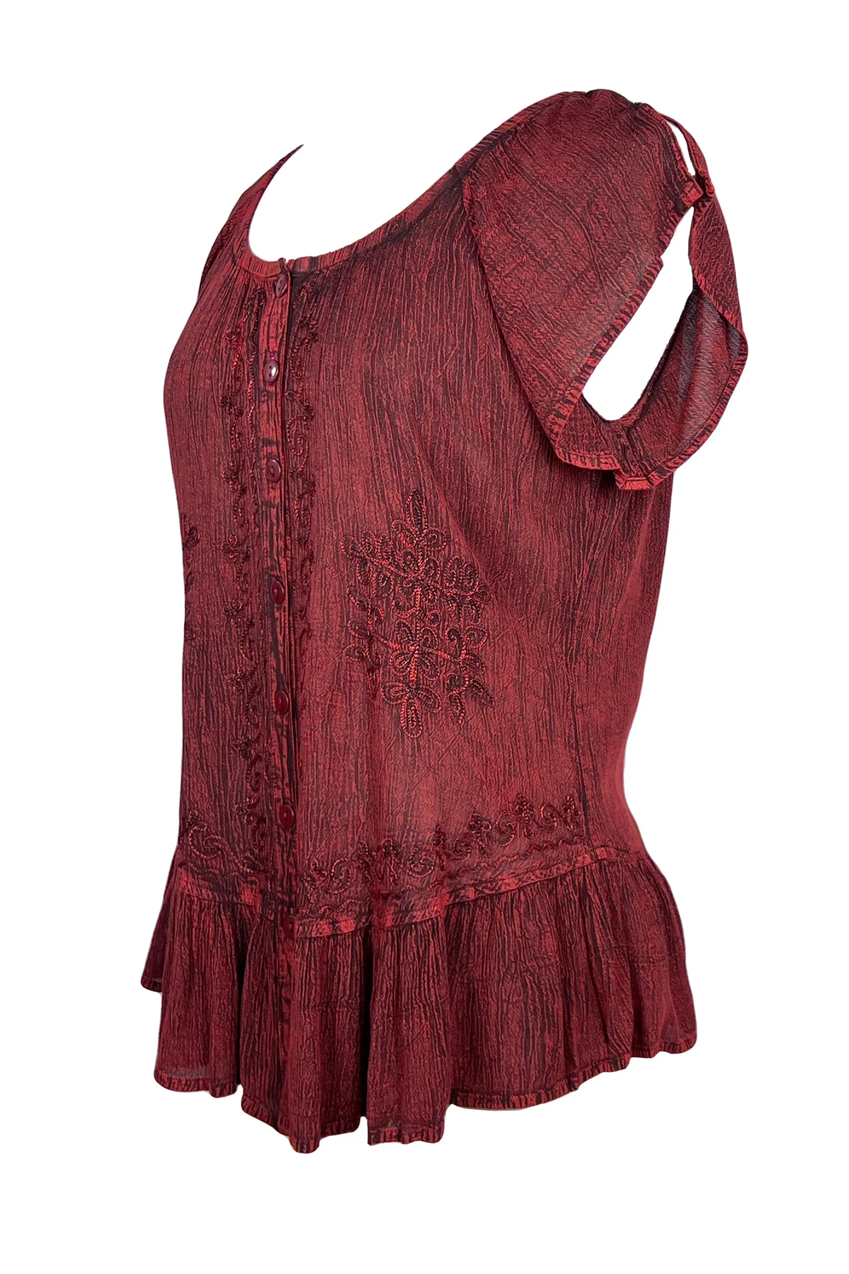 27 713 B Medieval  Embroidered Button Down Light Weight Cap Sleeve Shirt Blouse