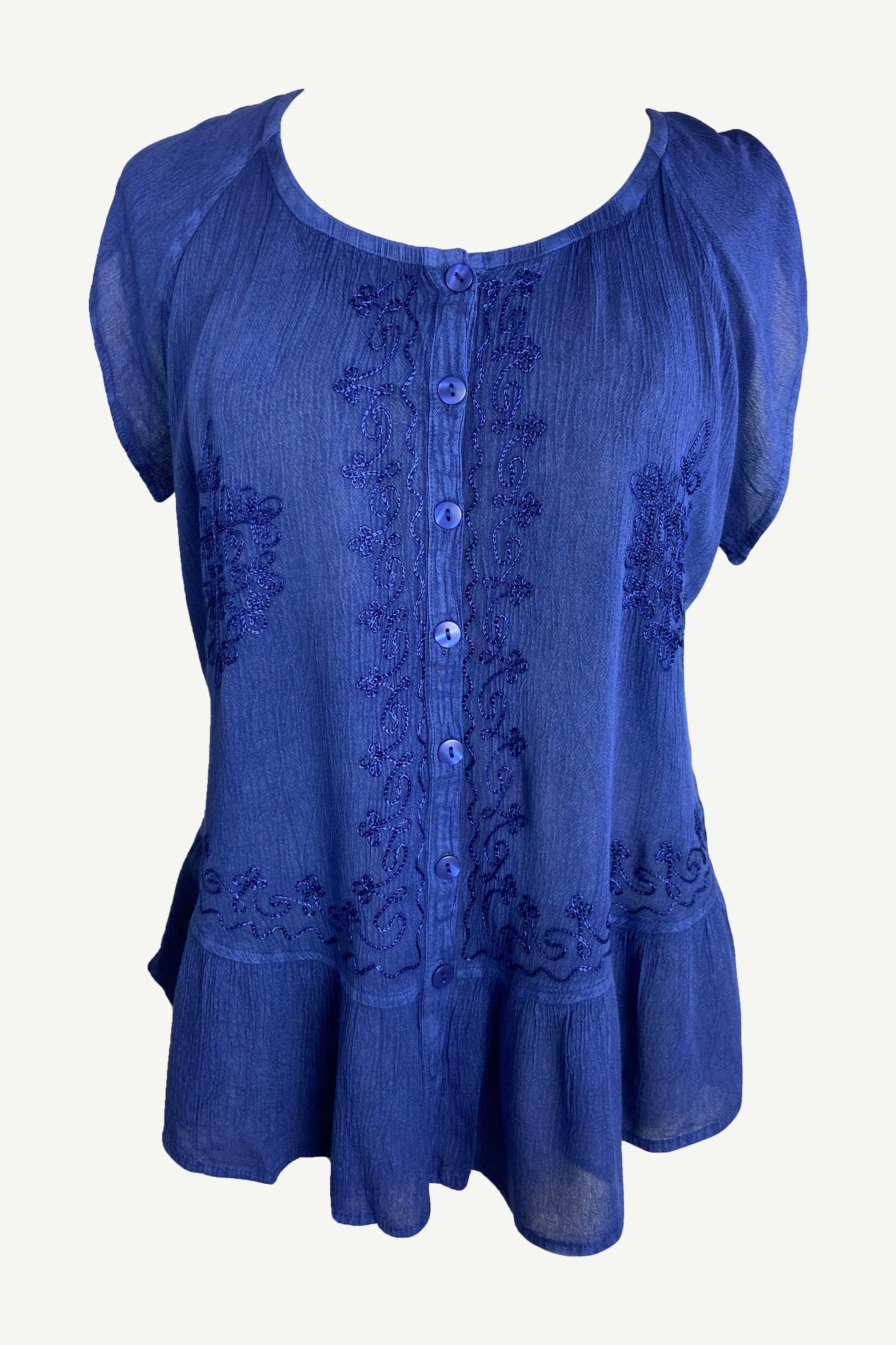 27 713 B Medieval  Embroidered Button Down Light Weight Cap Sleeve Shirt Blouse