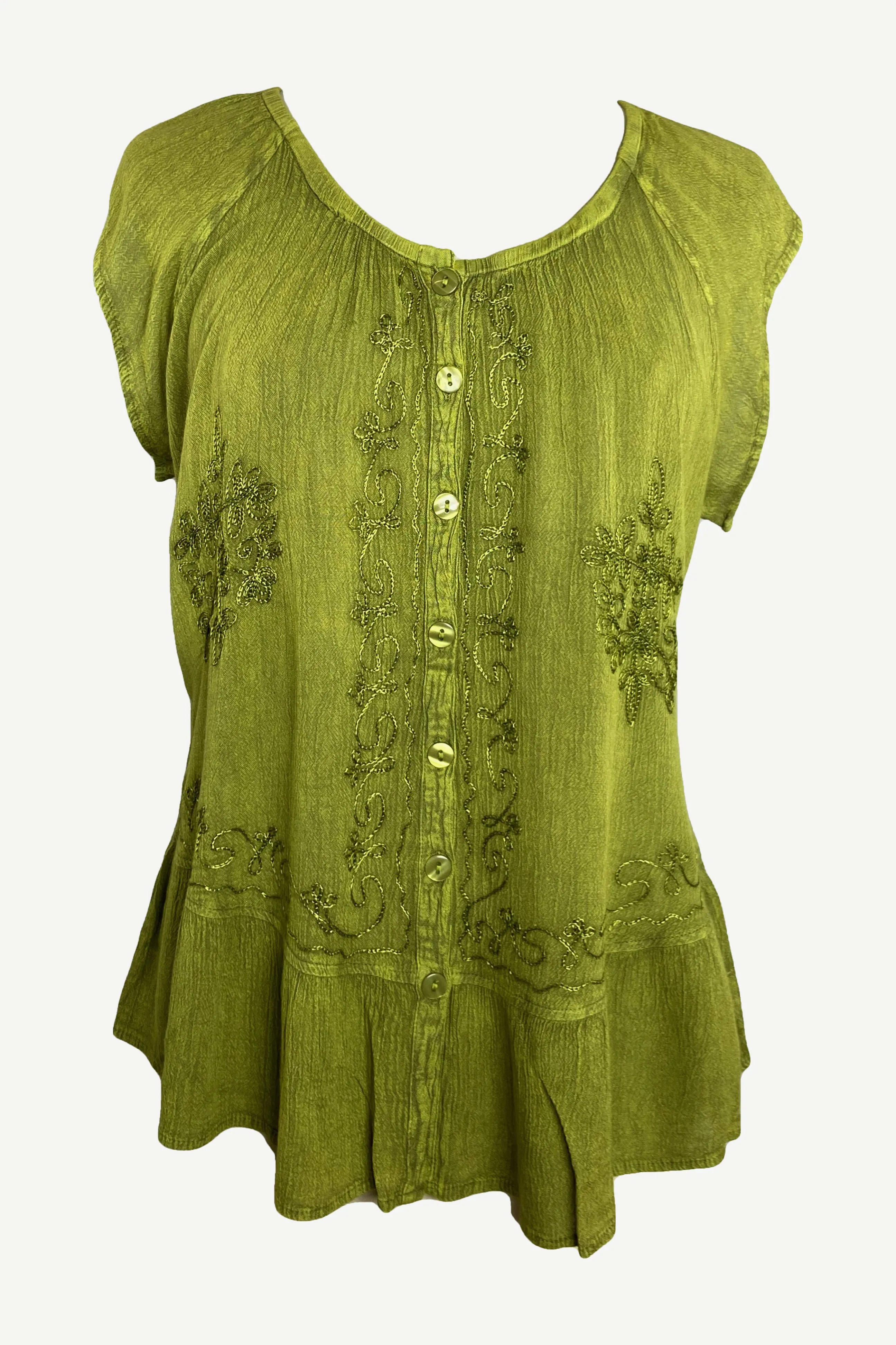 27 713 B Medieval  Embroidered Button Down Light Weight Cap Sleeve Shirt Blouse