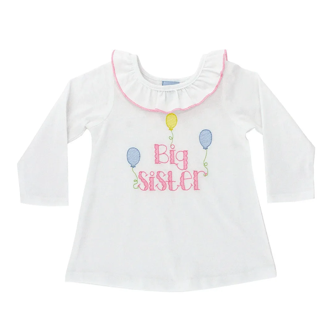 Bailey Boys Girls White Ruffle Shirt - Pink Big Sister with Balloons