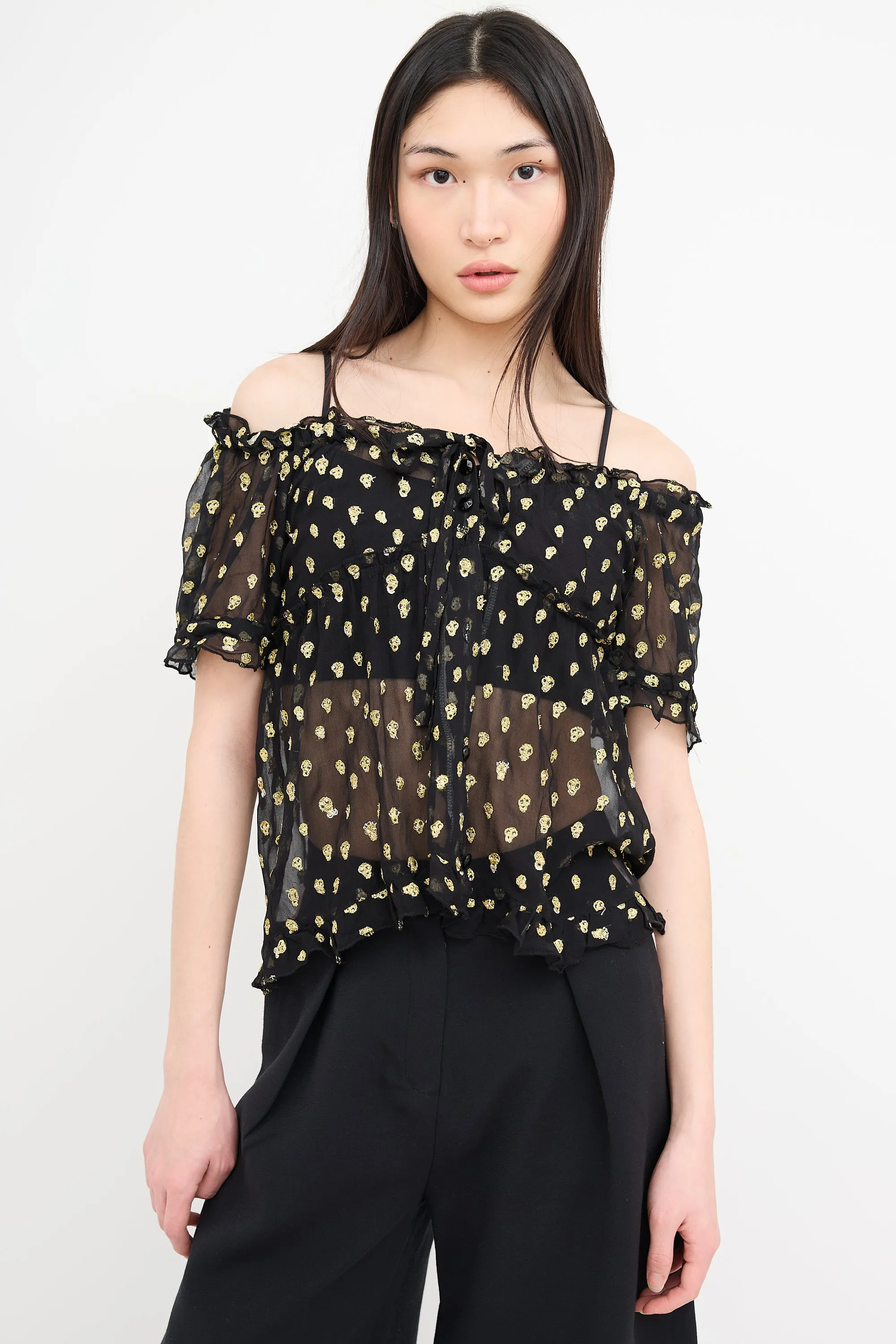 Black & Gold Skill Embroidered Skull Blouse