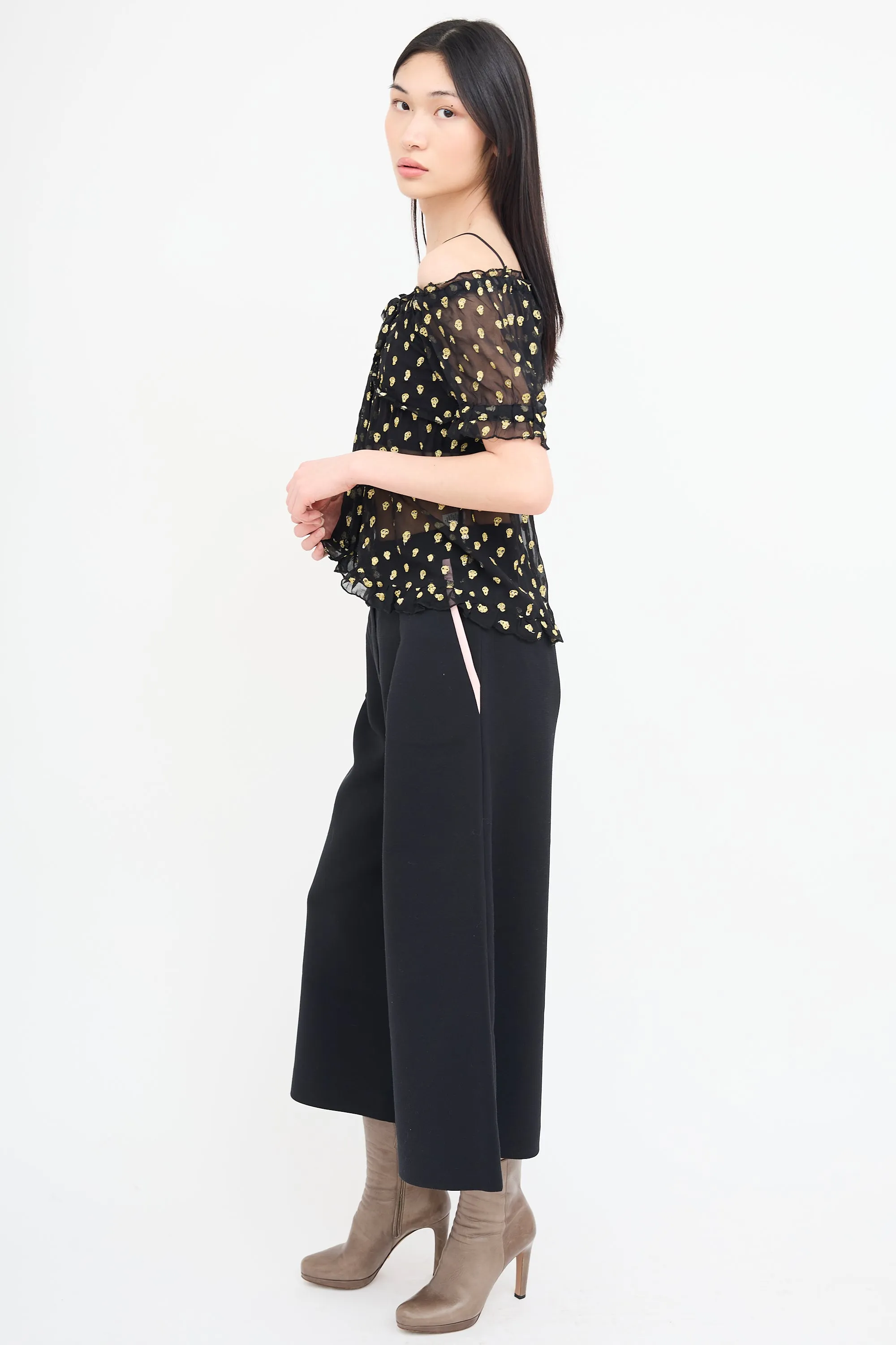 Black & Gold Skill Embroidered Skull Blouse