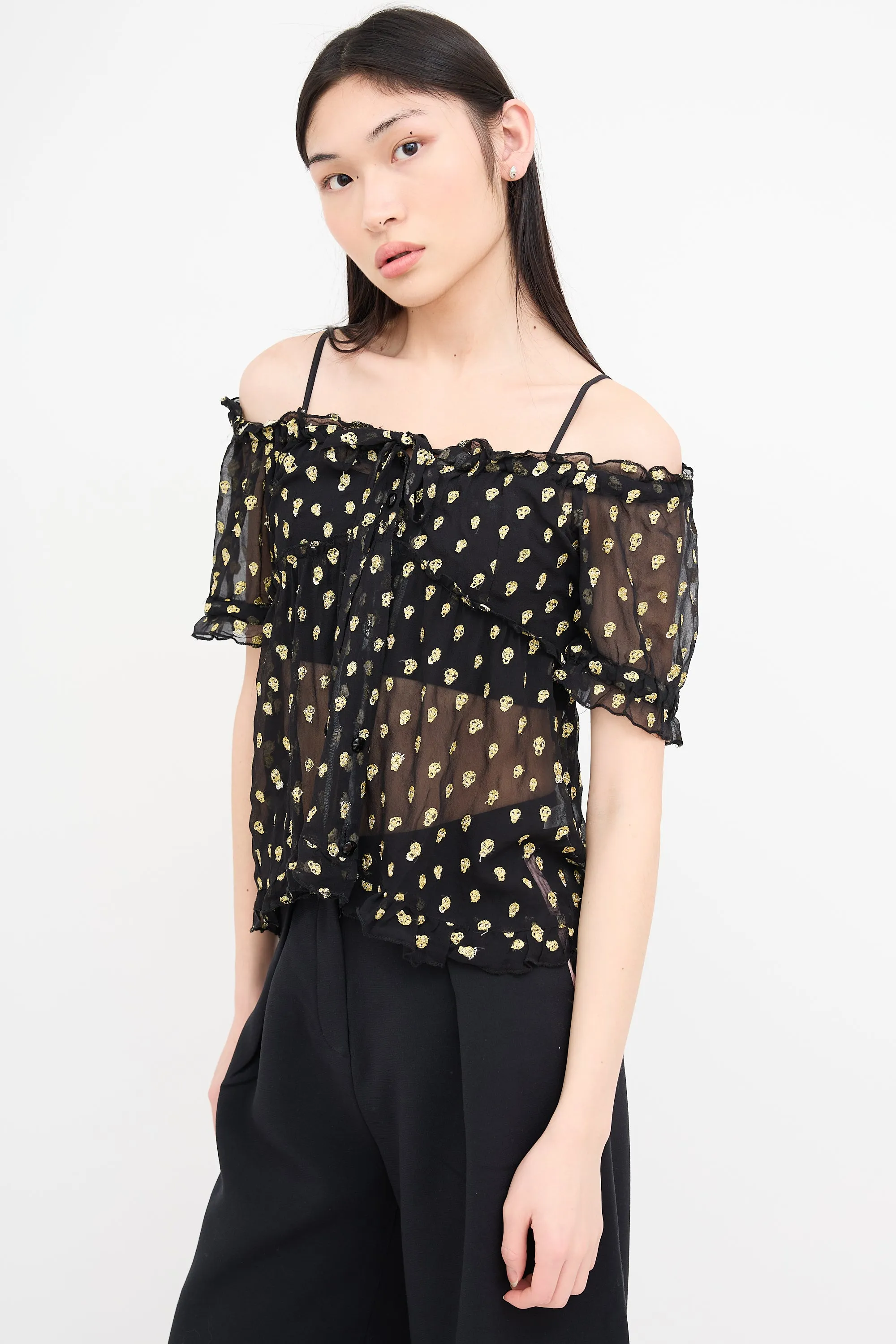Black & Gold Skill Embroidered Skull Blouse