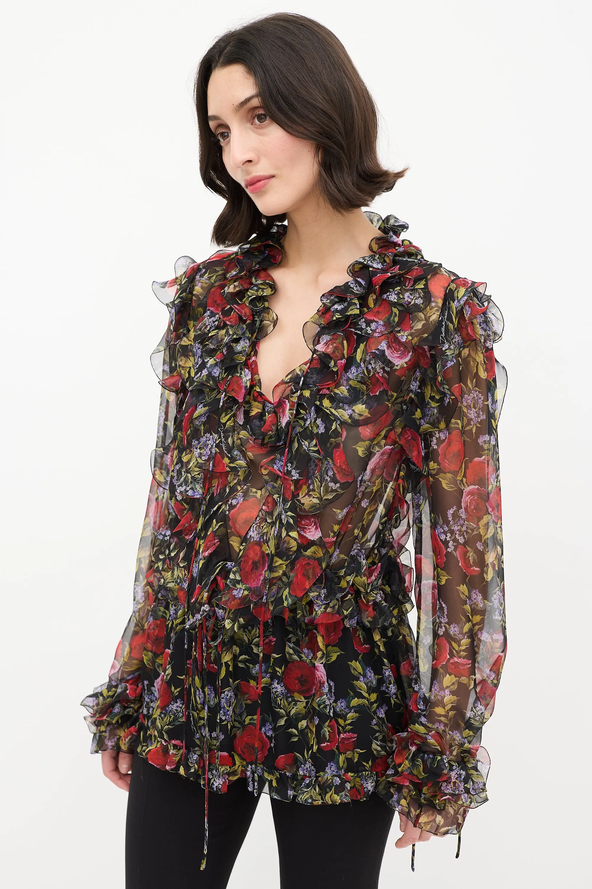 Black & Multi Floral Tie Ruffle Blouse
