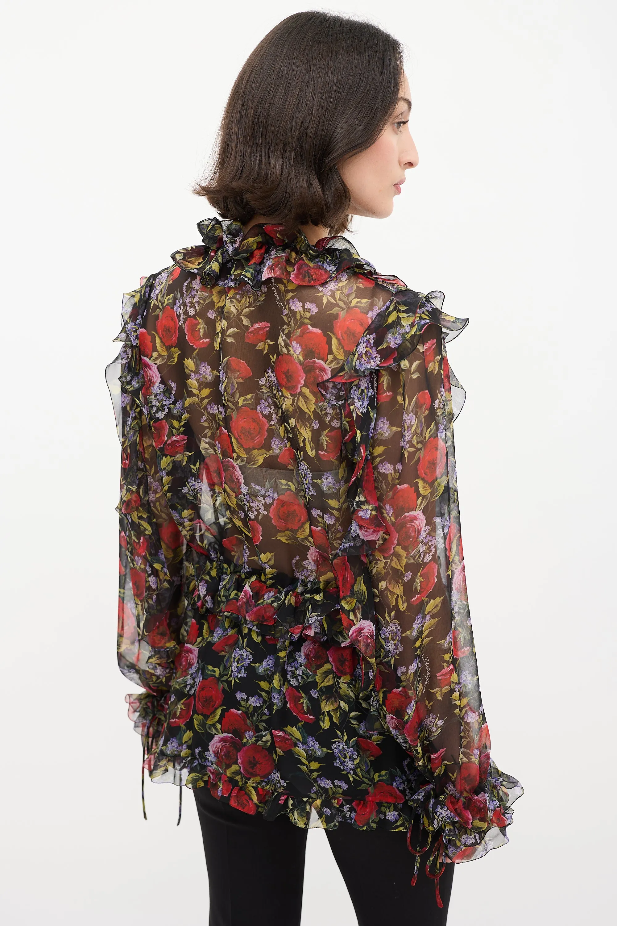 Black & Multi Floral Tie Ruffle Blouse
