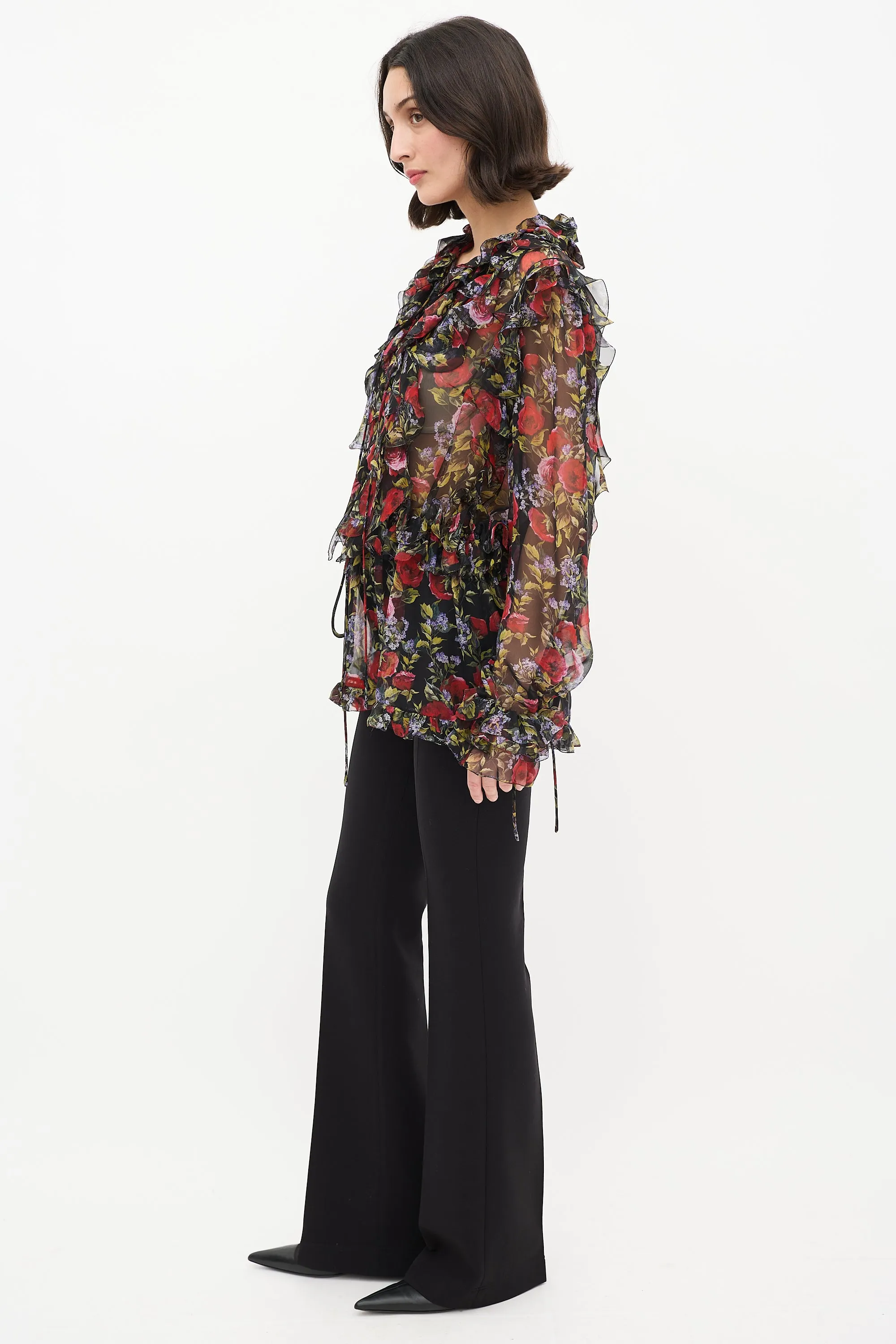 Black & Multi Floral Tie Ruffle Blouse