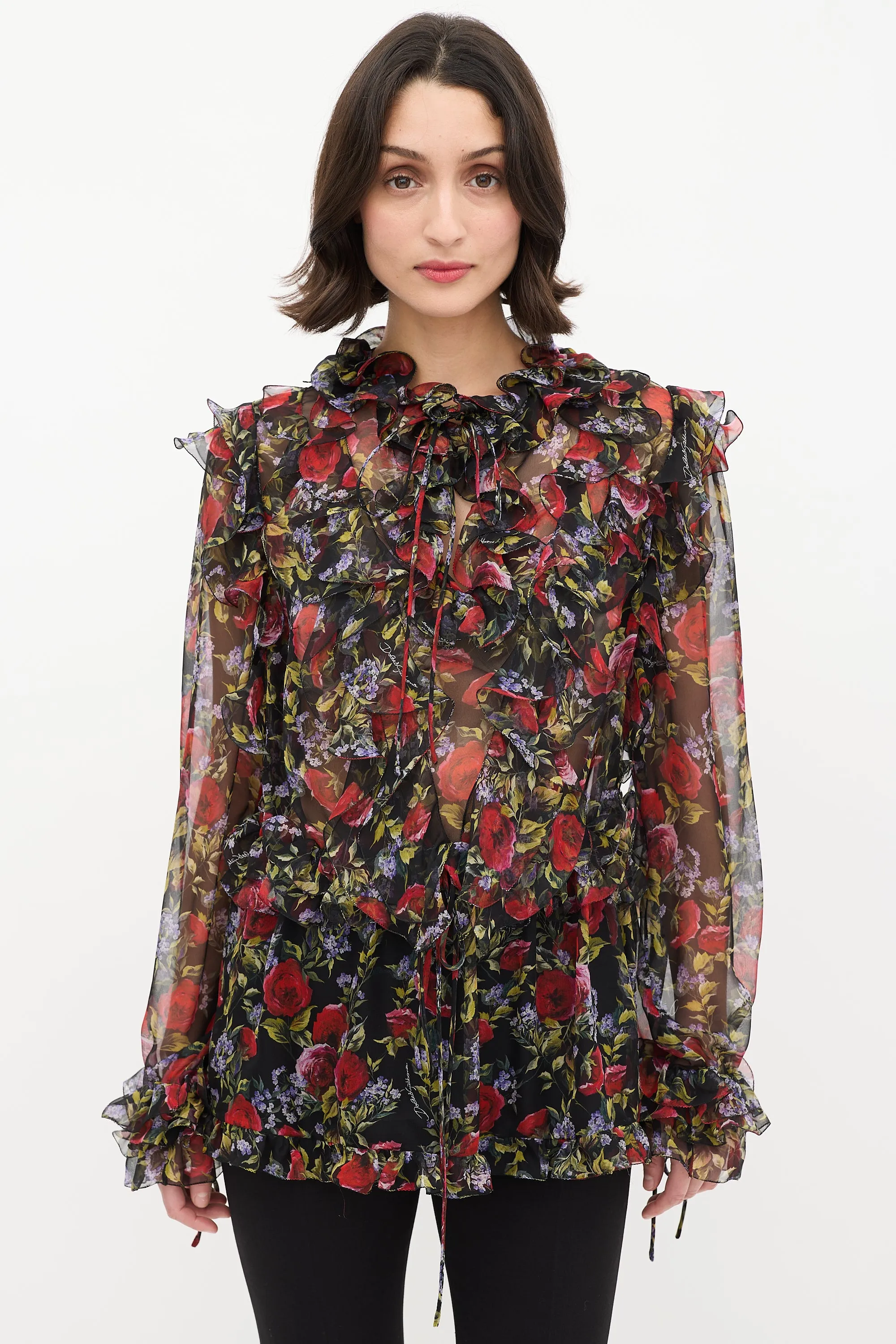 Black & Multi Floral Tie Ruffle Blouse