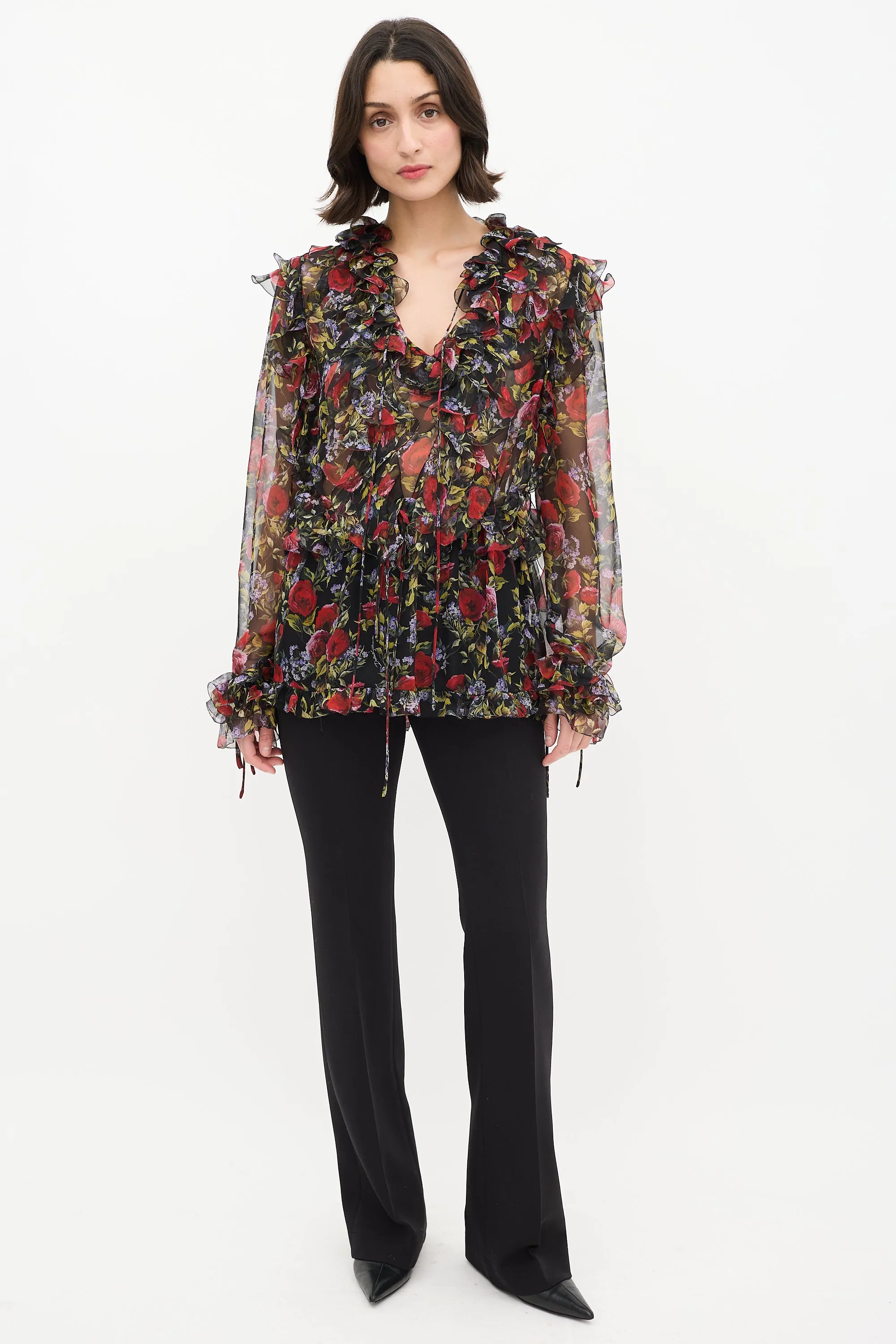 Black & Multi Floral Tie Ruffle Blouse