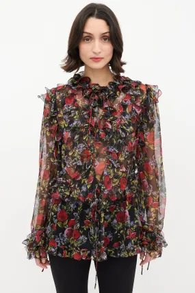 Black & Multi Floral Tie Ruffle Blouse