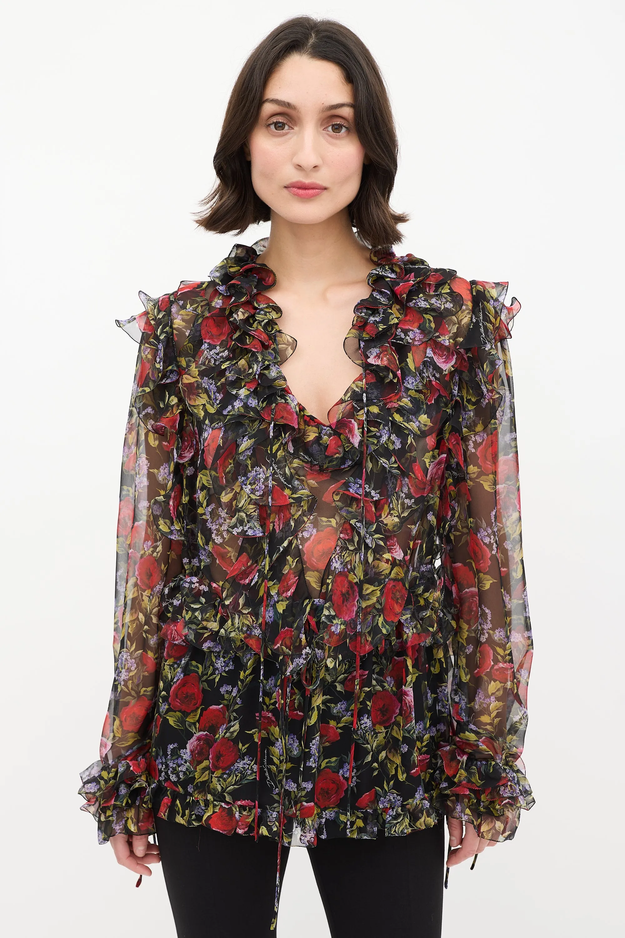 Black & Multi Floral Tie Ruffle Blouse