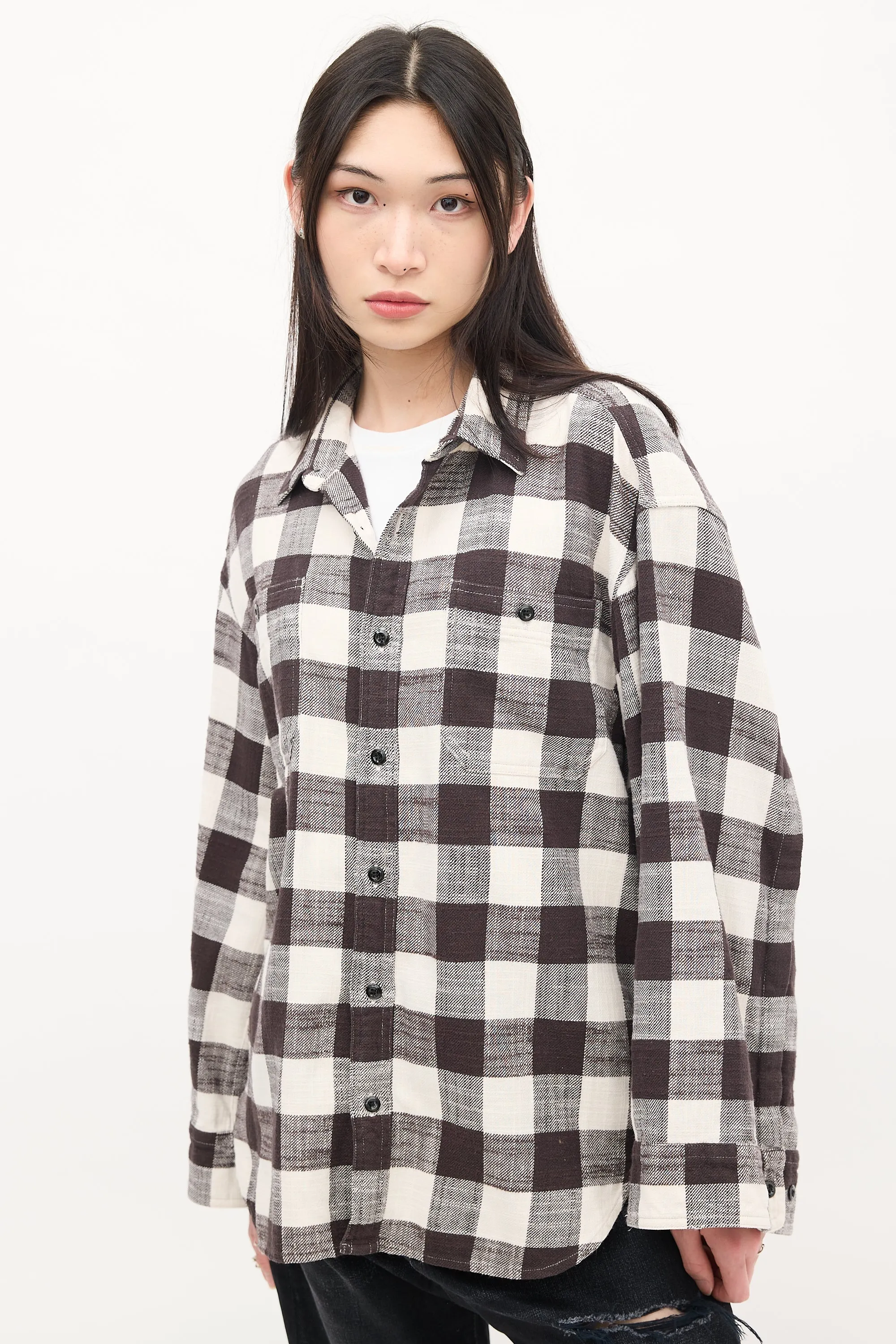 Black & White Cotton Check Oversized Sleeve Shirt