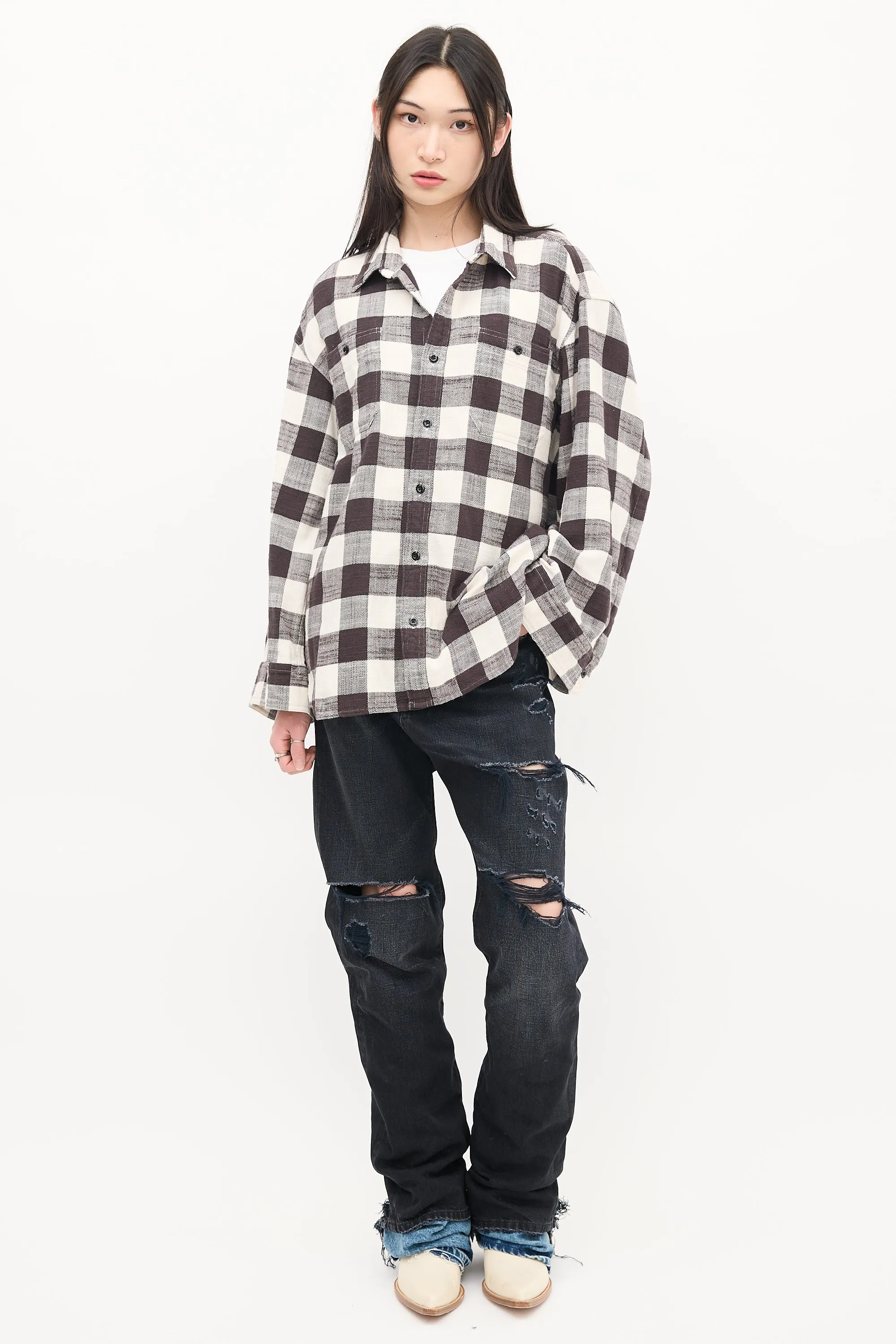 Black & White Cotton Check Oversized Sleeve Shirt