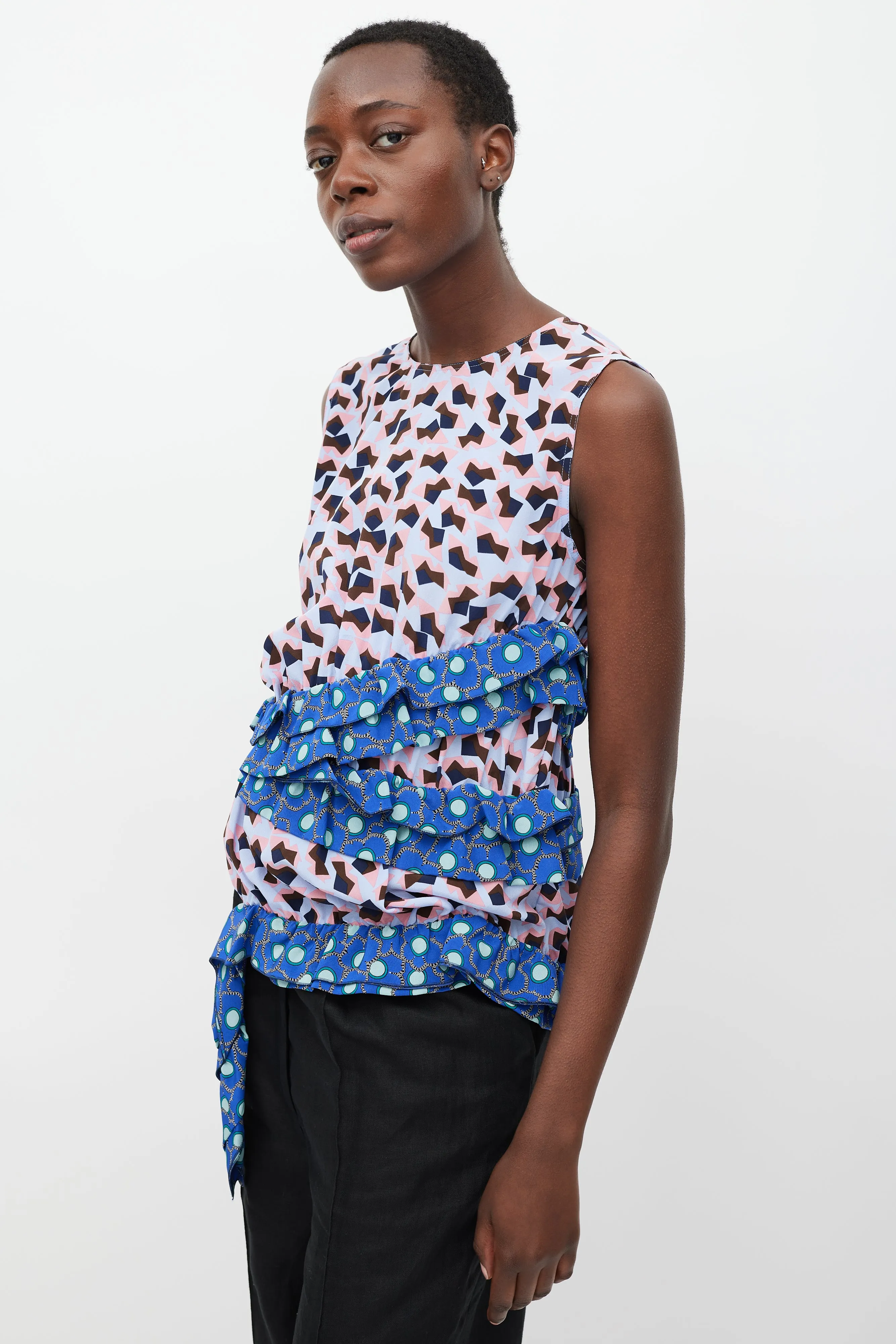 Blue & Multi Silk Printed Ruffle Blouse