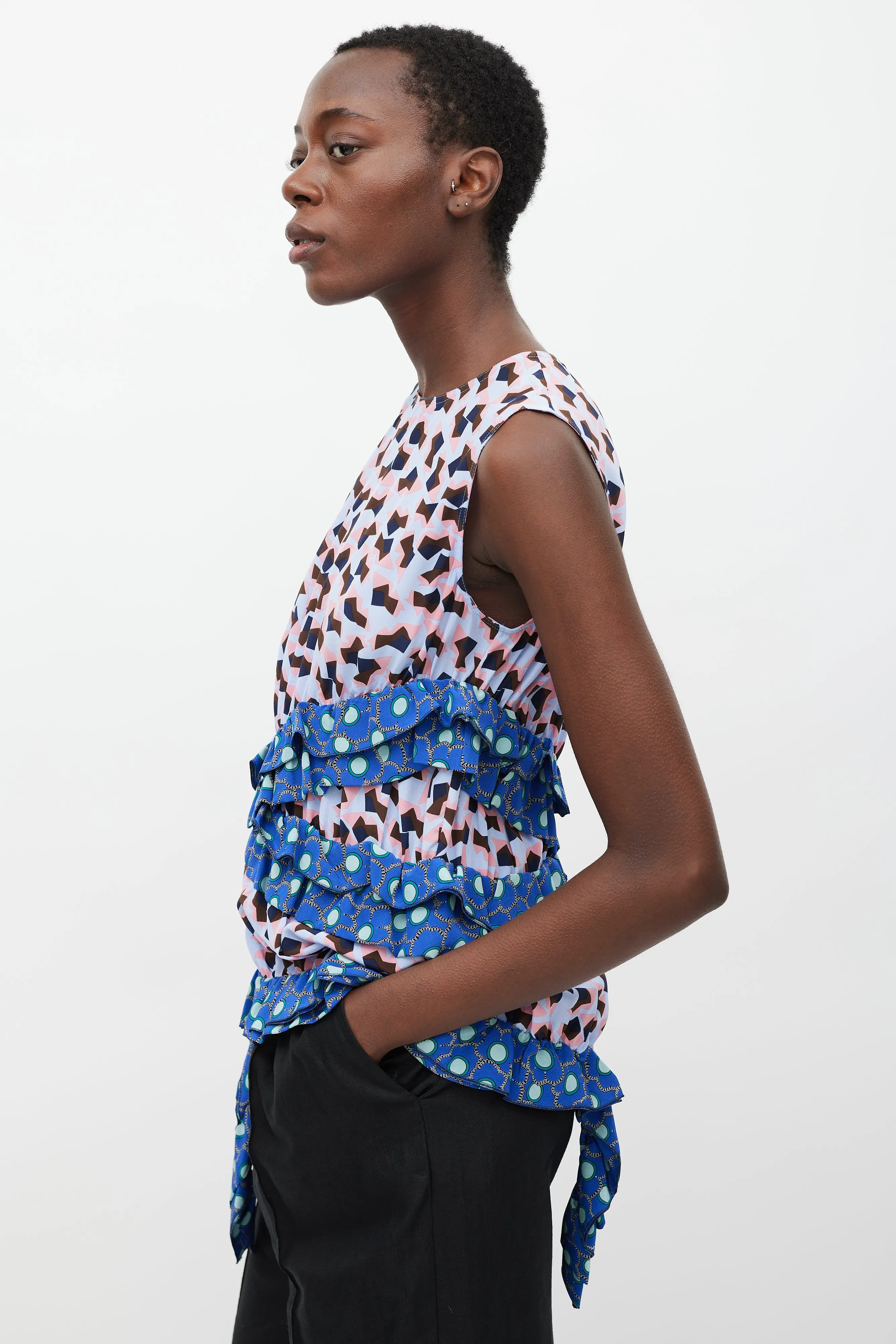 Blue & Multi Silk Printed Ruffle Blouse