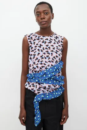 Blue & Multi Silk Printed Ruffle Blouse