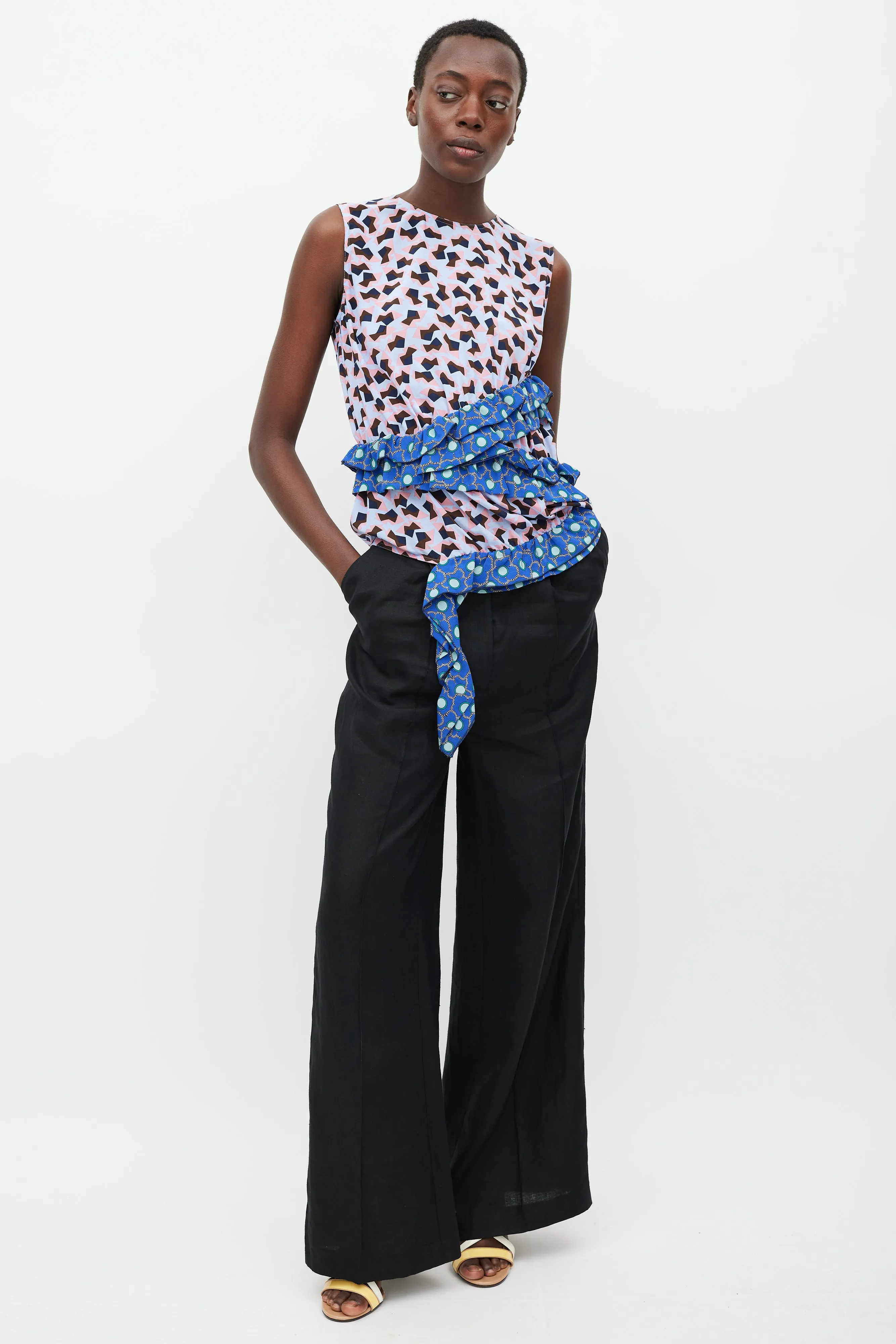 Blue & Multi Silk Printed Ruffle Blouse