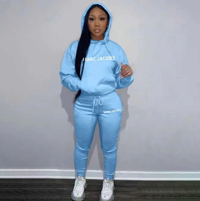 Casual Solid Letter Print Hooded Sweatshirts And Sport Pant 2 Piece Set