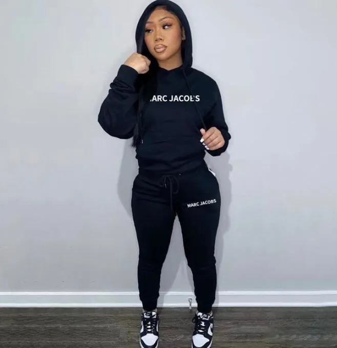 Casual Solid Letter Print Hooded Sweatshirts And Sport Pant 2 Piece Set