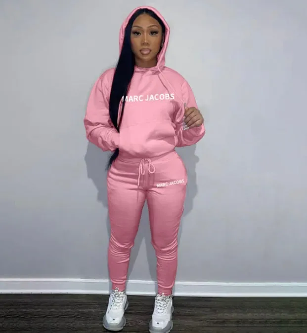 Casual Solid Letter Print Hooded Sweatshirts And Sport Pant 2 Piece Set