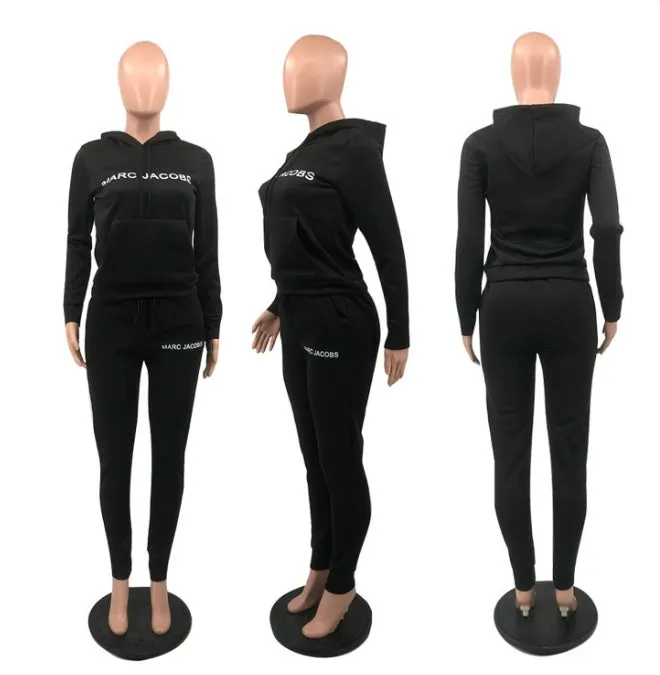 Casual Solid Letter Print Hooded Sweatshirts And Sport Pant 2 Piece Set