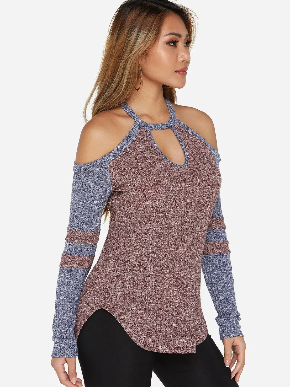 Custom Cold Shoulder Stripe Cut Out Long Sleeve T-Shirts