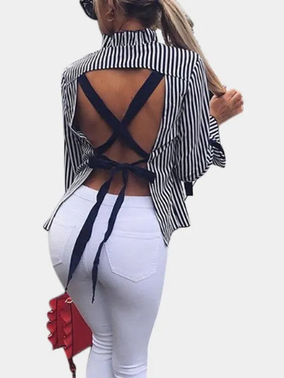Custom Stripe Backless Lace-Up Long Sleeve T-Shirts