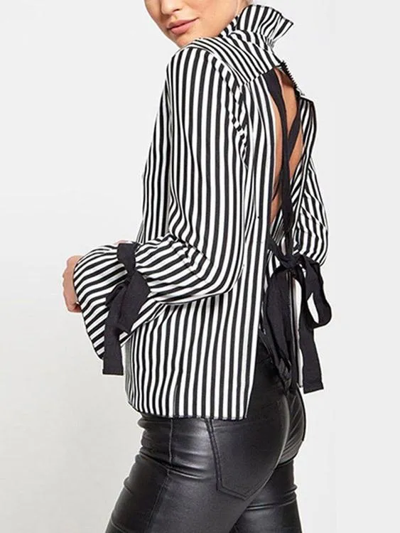 Custom Stripe Backless Lace-Up Long Sleeve T-Shirts