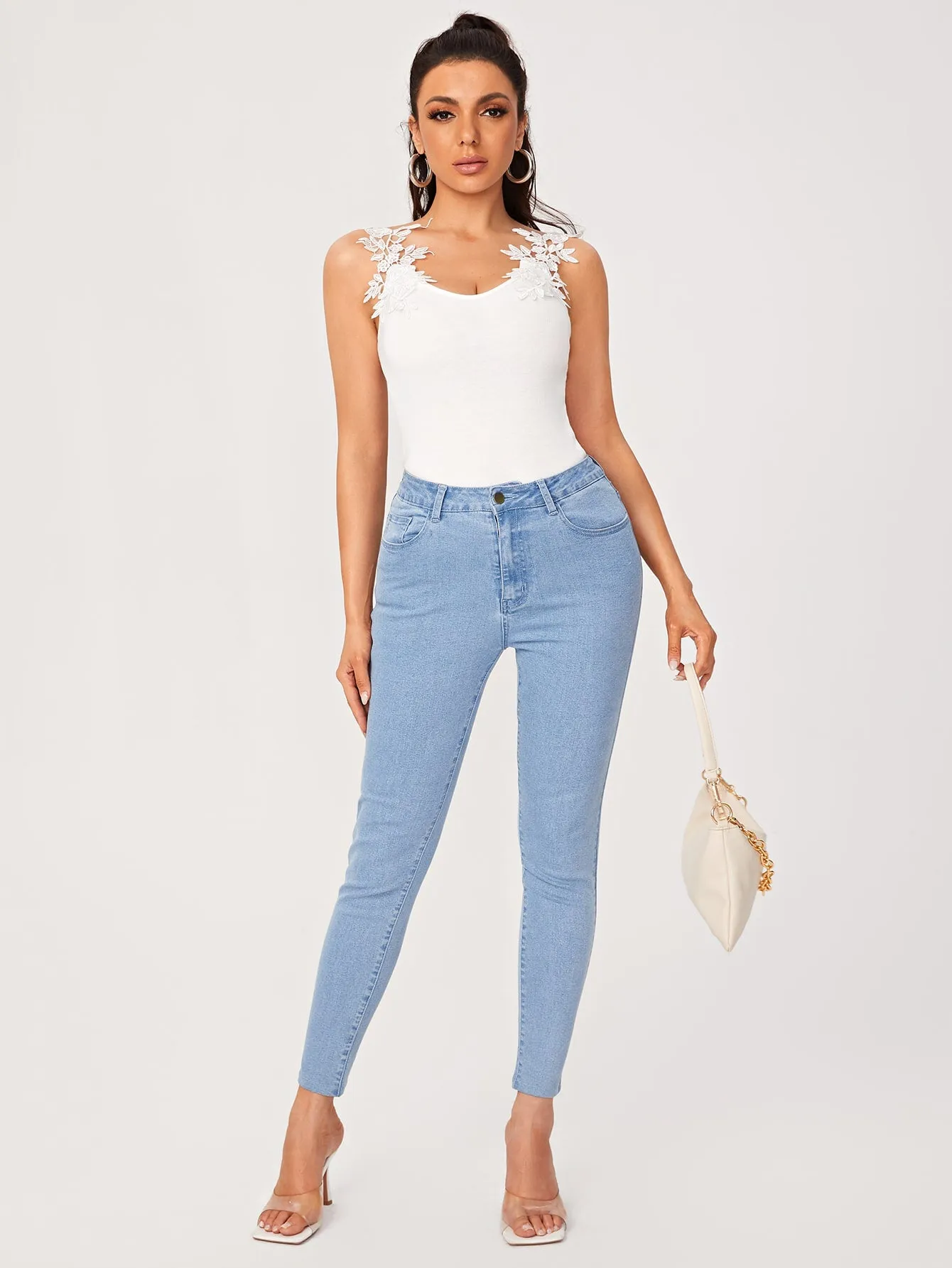 Elegant Plain Appliques Scoop Neck Crop Women Tank Top & Cami