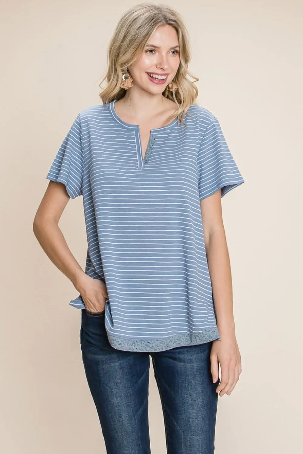 Elevate your look with the Cotton Bleu slit striped notched tee