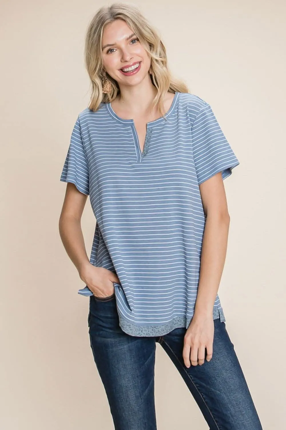 Elevate your look with the Cotton Bleu slit striped notched tee