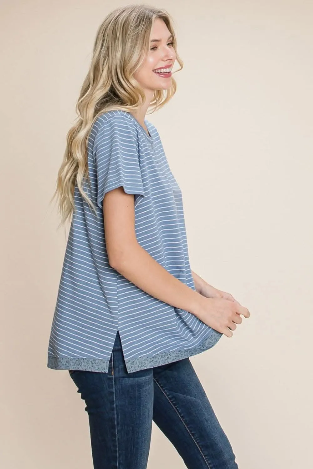 Elevate your look with the Cotton Bleu slit striped notched tee