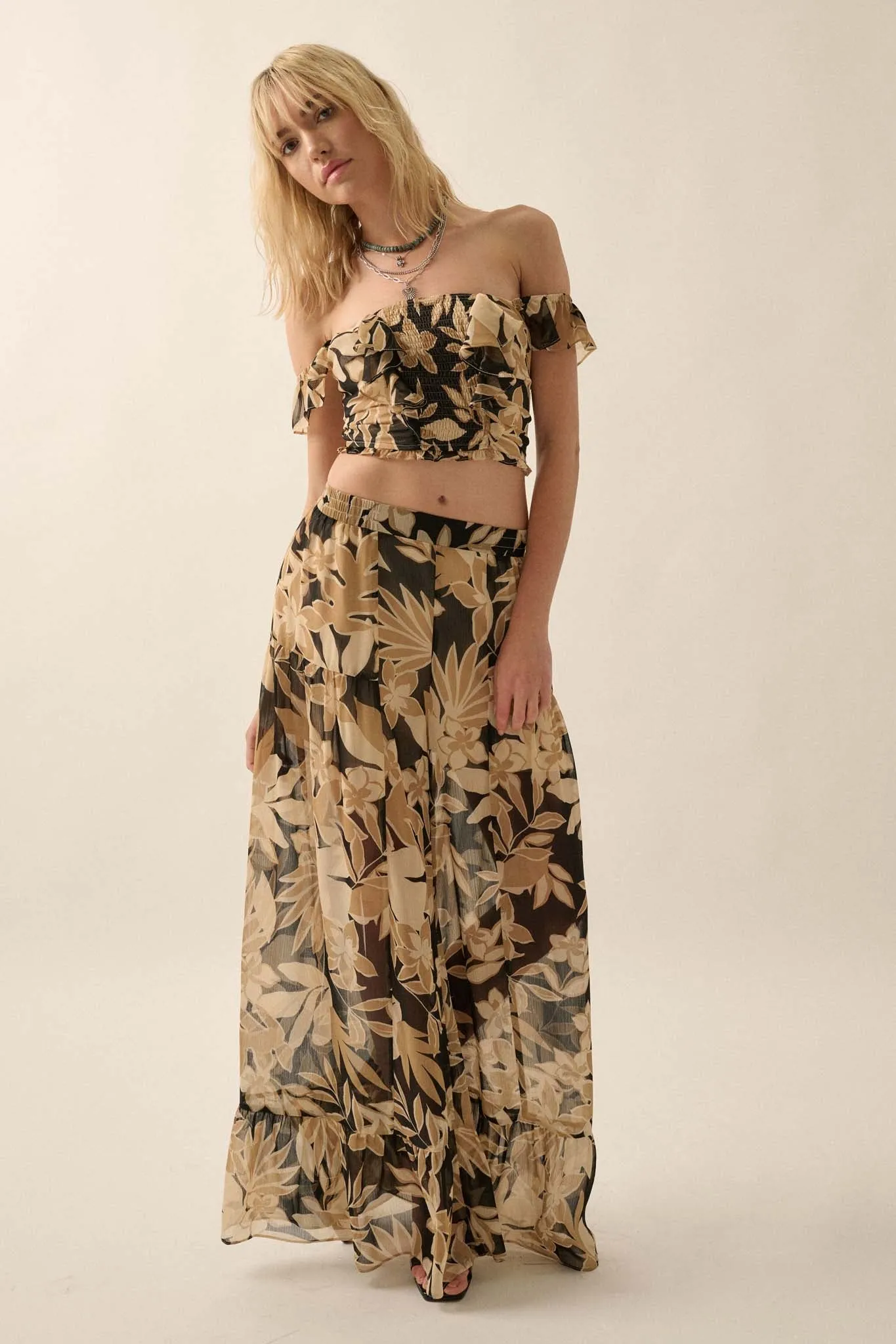 Exotic Tropics Floral Off-Shoulder Ruffle Crop Top