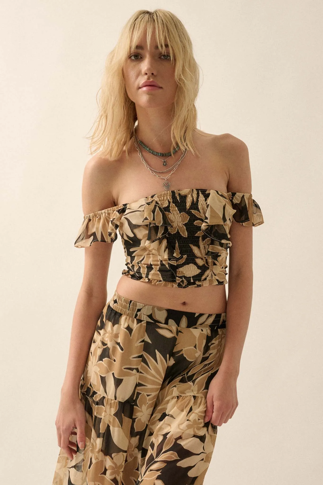Exotic Tropics Floral Off-Shoulder Ruffle Crop Top