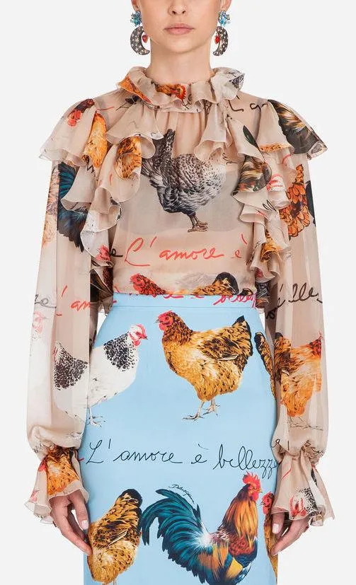 Hen Printed Silk Ruffle Blouse