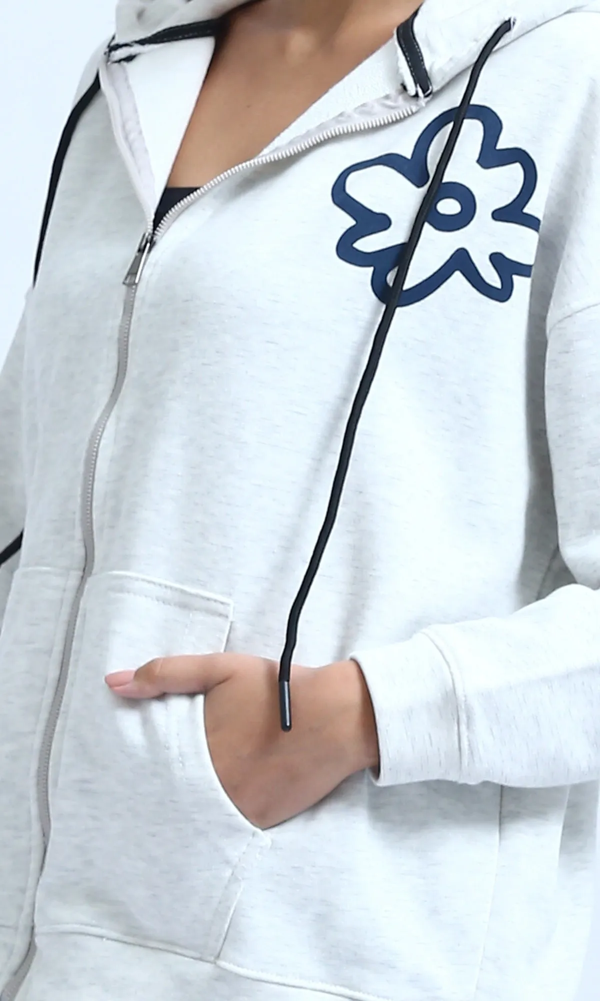 O200712 - Printed Long Sleeves Hoodie - Heather Light Grey