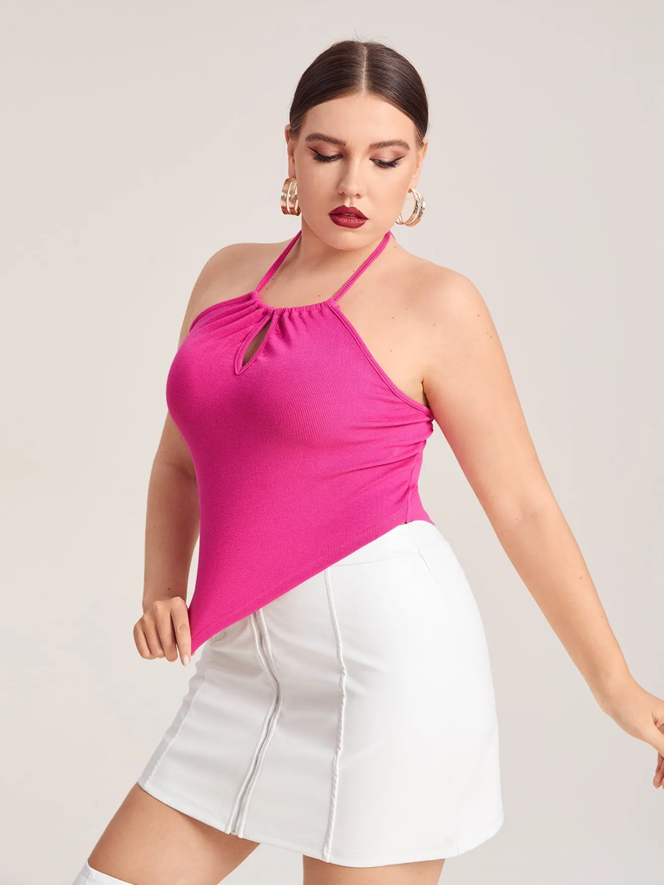 Plain Asymmetrical Halter Asymmetrical Crop Plus Size Tank Top & Cami