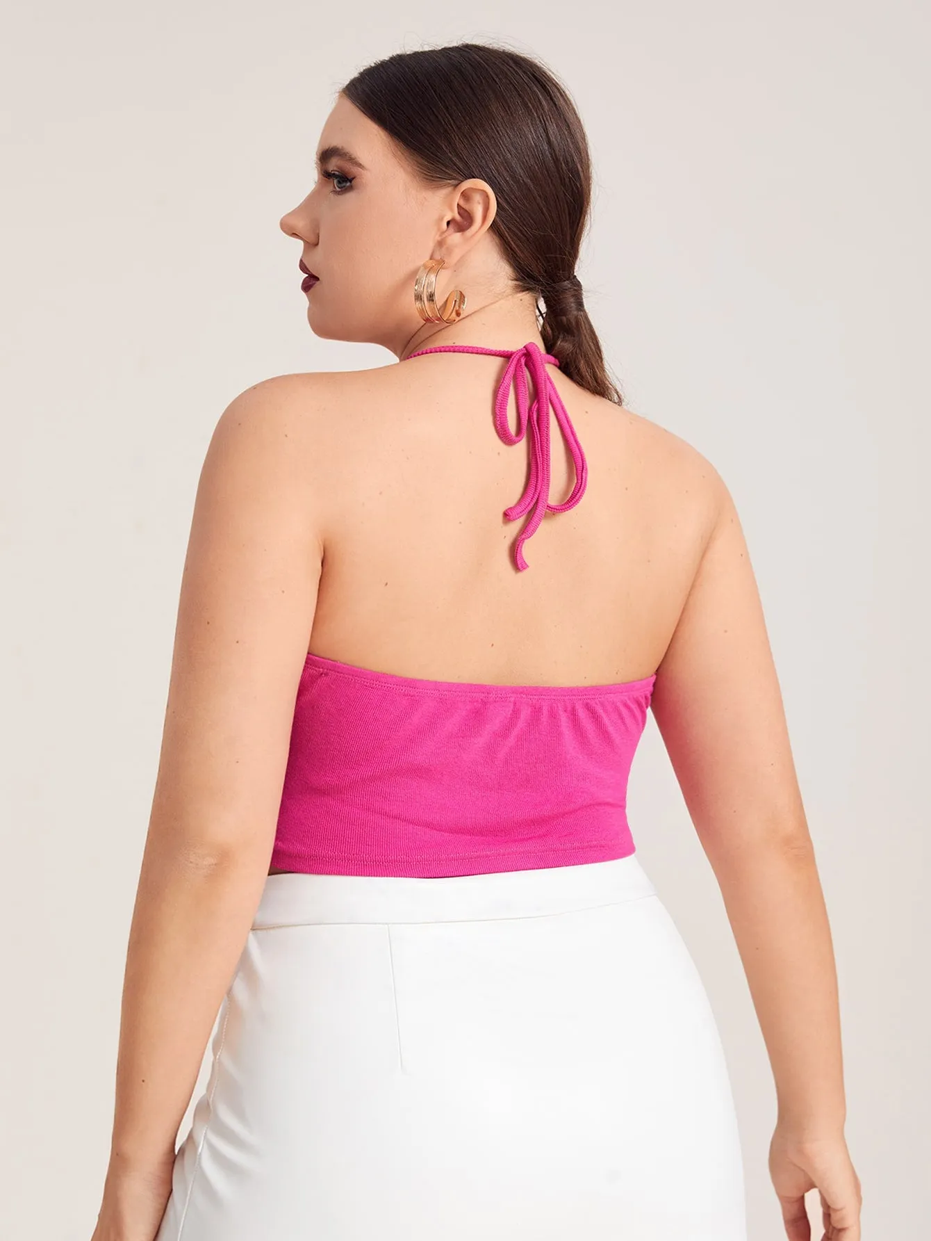 Plain Asymmetrical Halter Asymmetrical Crop Plus Size Tank Top & Cami