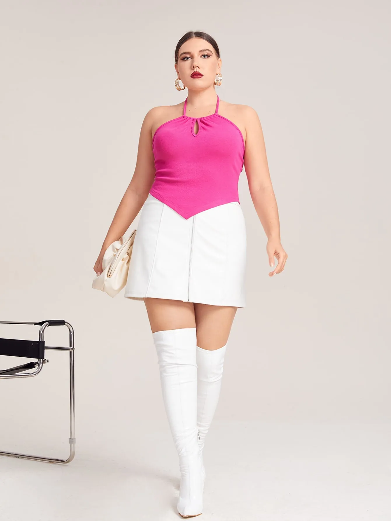 Plain Asymmetrical Halter Asymmetrical Crop Plus Size Tank Top & Cami