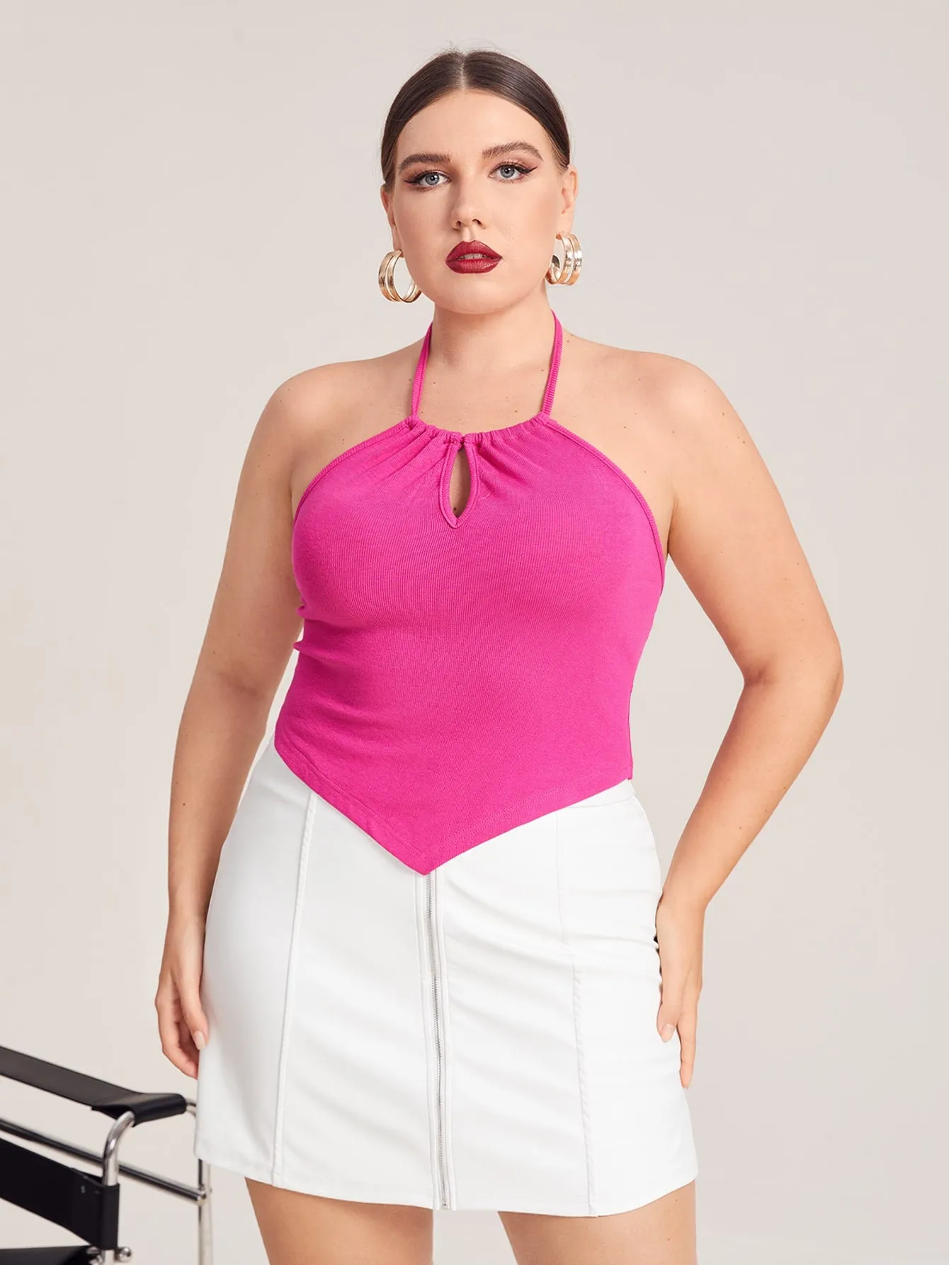 Plain Asymmetrical Halter Asymmetrical Crop Plus Size Tank Top & Cami