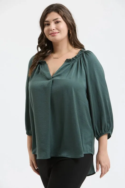 Plus Split Neck 3/4 Balloon Sleeve Blouse FOREST GREEN