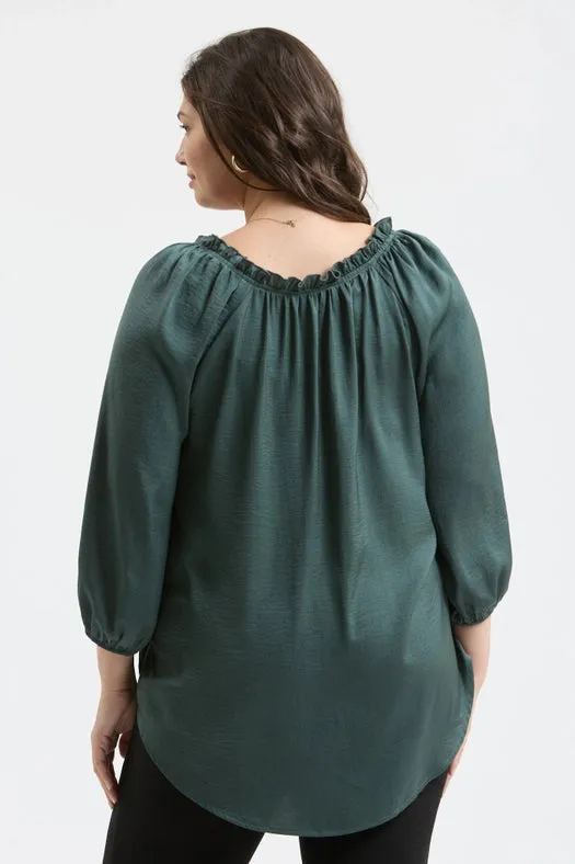 Plus Split Neck 3/4 Balloon Sleeve Blouse FOREST GREEN