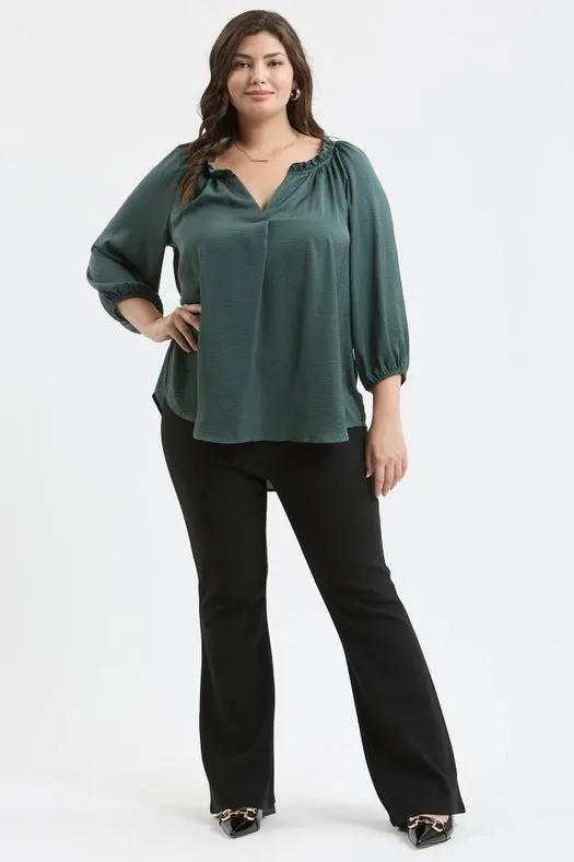 Plus Split Neck 3/4 Balloon Sleeve Blouse FOREST GREEN